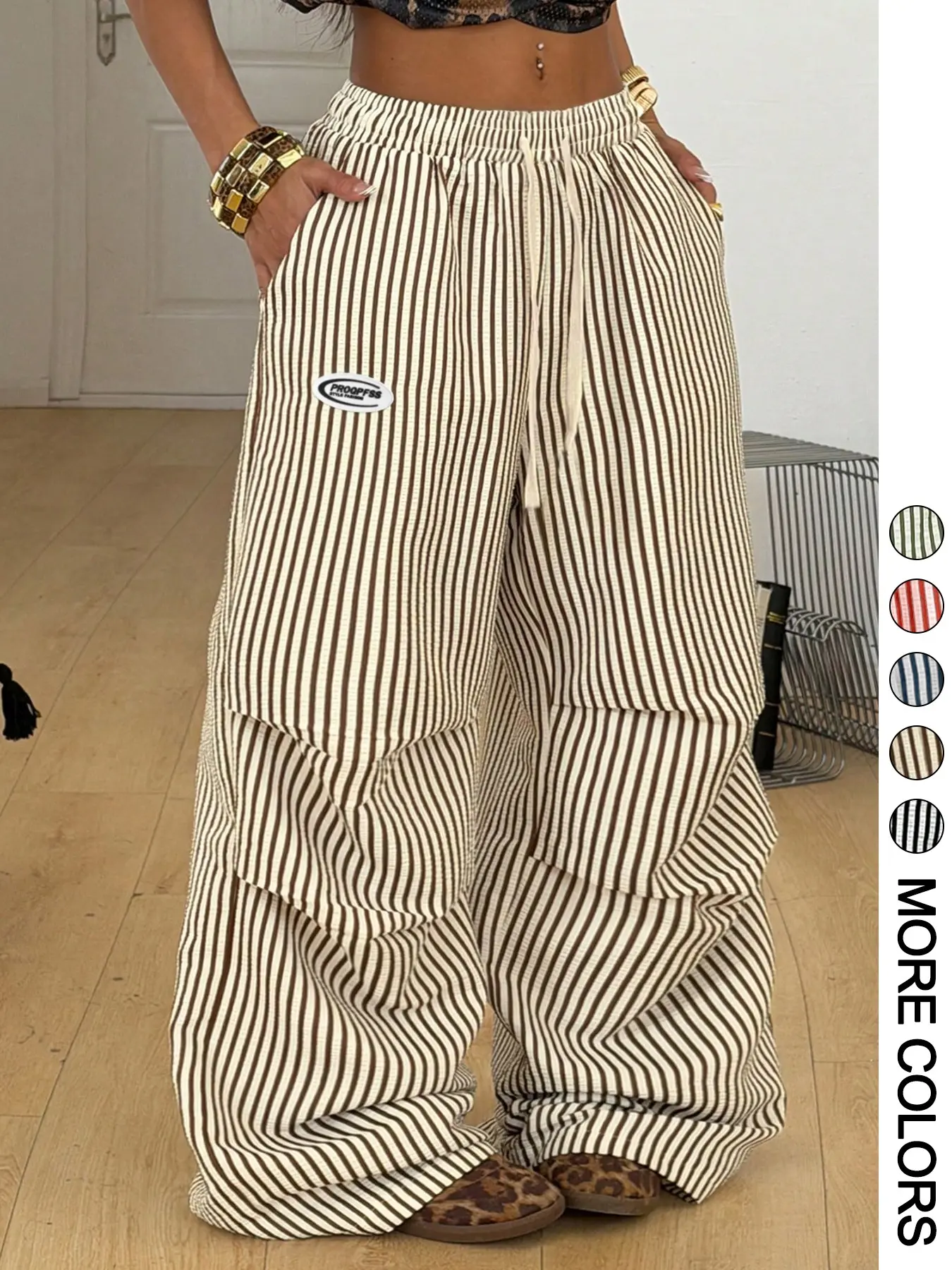 1 Piece Adjustable Drawstring Waistband Vertical Striped Side Pockets Oval Letter Patch 3D Ruched Loose Wide Leg Trousers