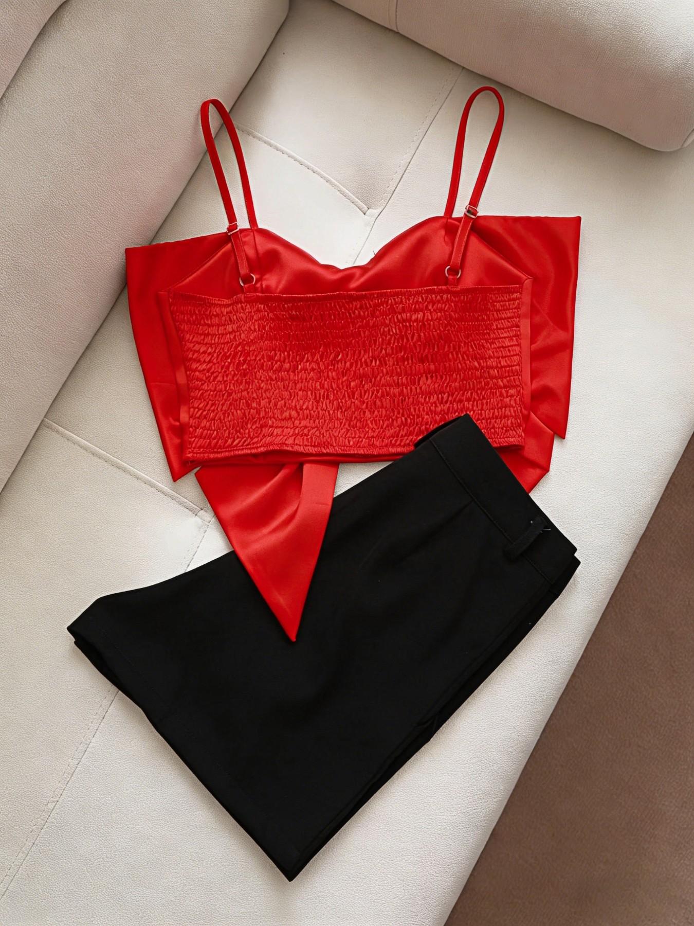 Satin Large Bow Backless Top & High Waist Shorts Set, Party for Girls, Two-Piece Ensemble for Gatherings, Womenswear Outfit, Lady