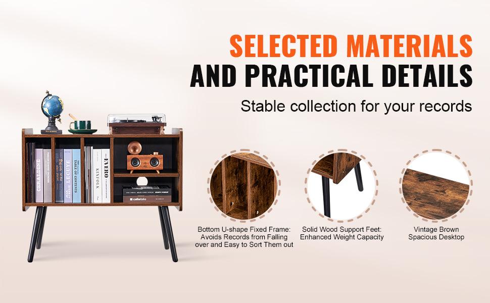 VEVOR Record Player Stand, Turntable Stand Holds Up to 220 Albums, Vintage Vinyl Record Cabinet with Removable Shelves, Record Player Table with Adjustable Height for Living Room, Bedroom, Brown