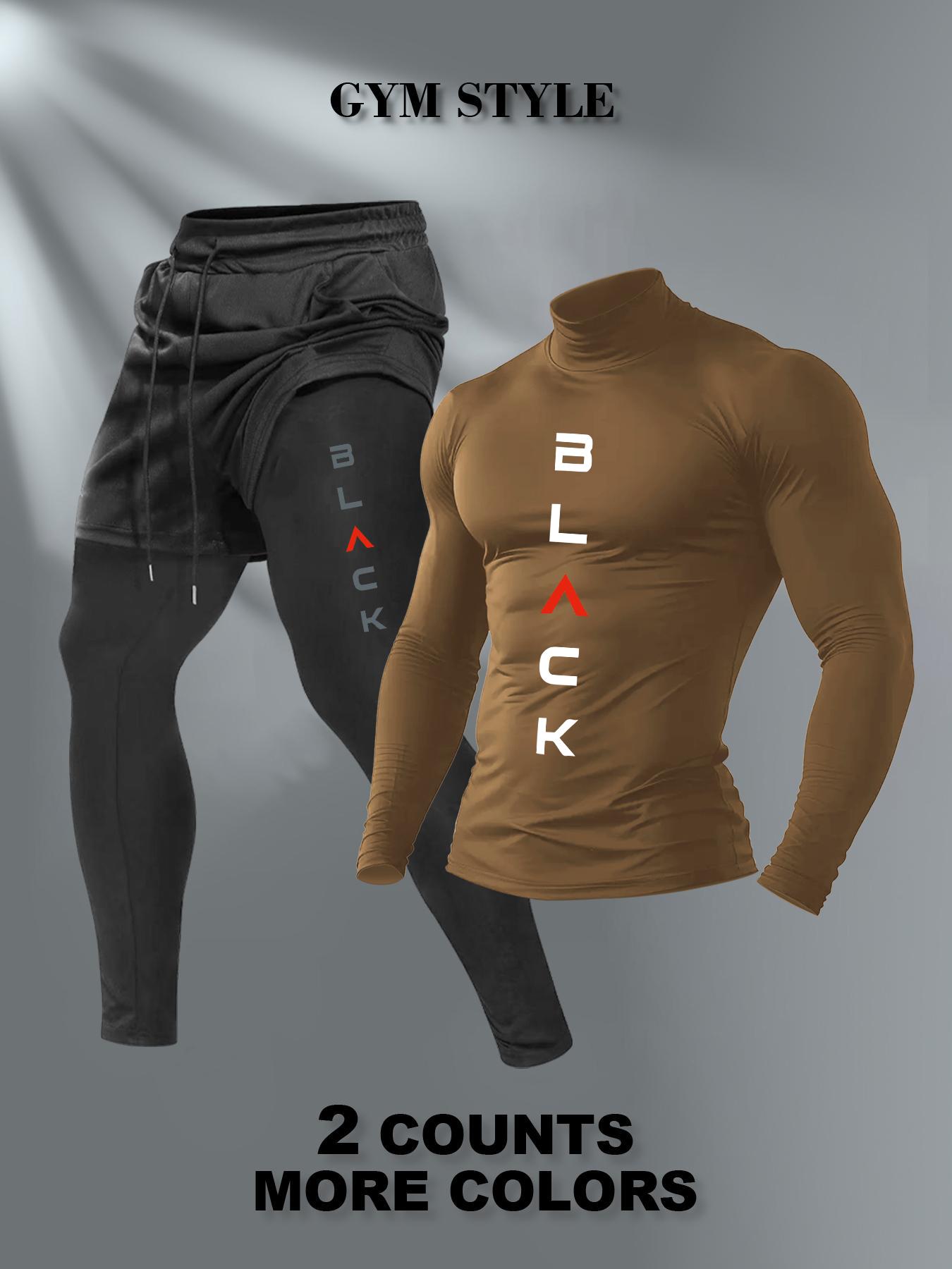 Men's High Neck Warm Long Sleeve T-Shirt + Faux Two-Piece Pants Set, Casual Fashion, Fall & Winter Wear, Comfortable and Stylish