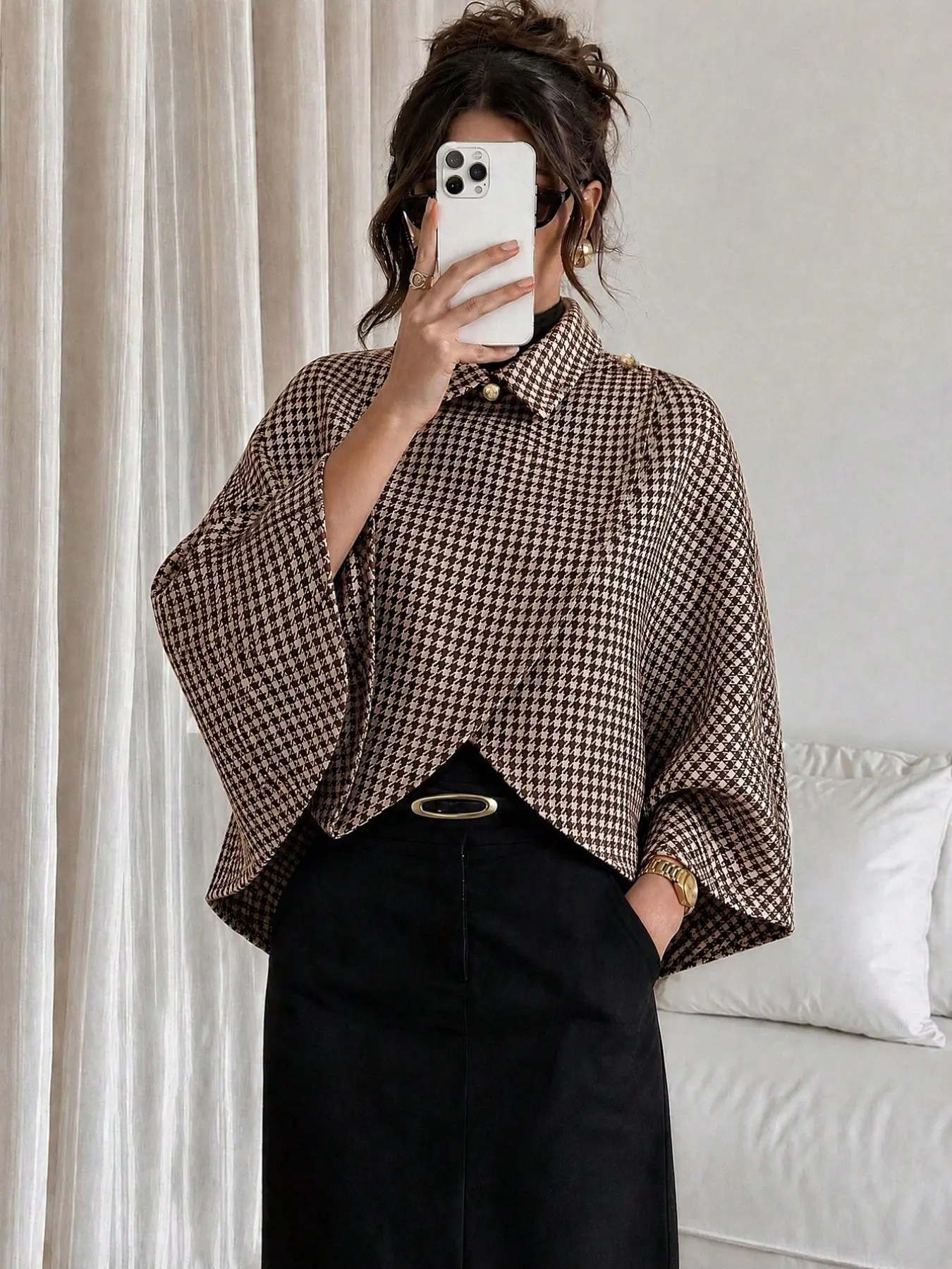 Women's Dogtooth Collar Batwing Sleeve Cape Coat, Elegant Asymmetrical Hem Loose Fit Oversized Short Jacket, Perfect for Daily Casual Wear, Fall Fashion
