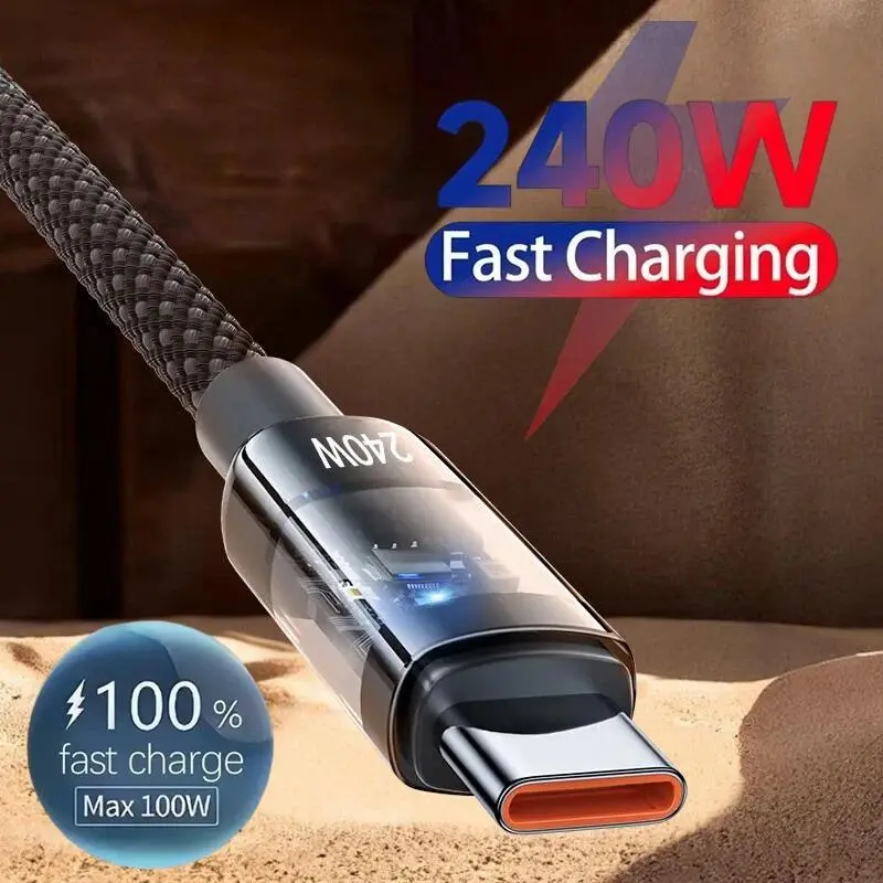 240W Nylon Cable USB Type C Super Fast Charging Cable For Samsung Xiaomi Huawei Honor LED Digital Display Fast Charger Data Cord