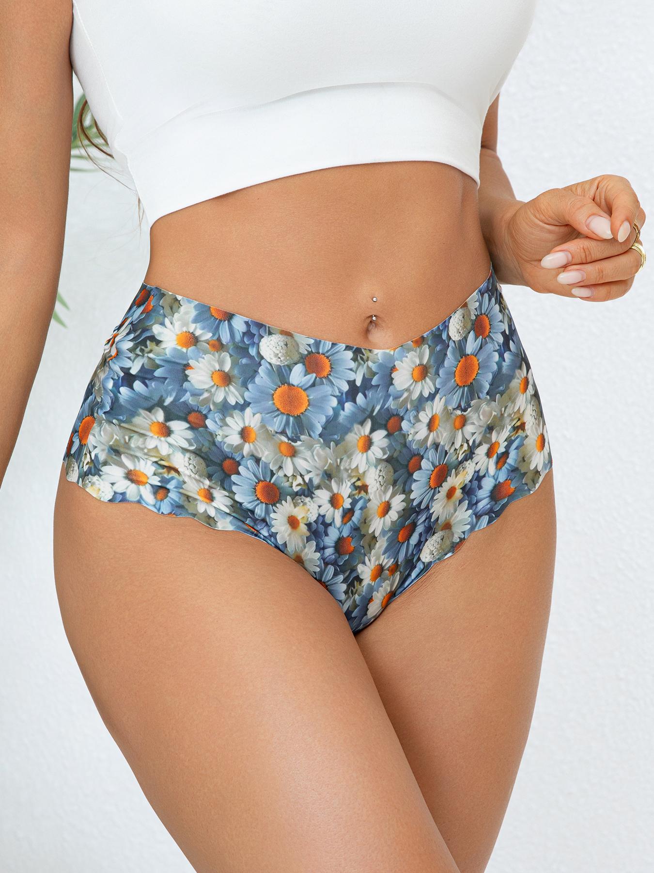 Women's High-Waisted Underwear Set, 7-Pack Seamless Ice Silk Wave-Edge Design, Casual Scallop Trim Panties for All-Season Floral Print Panty