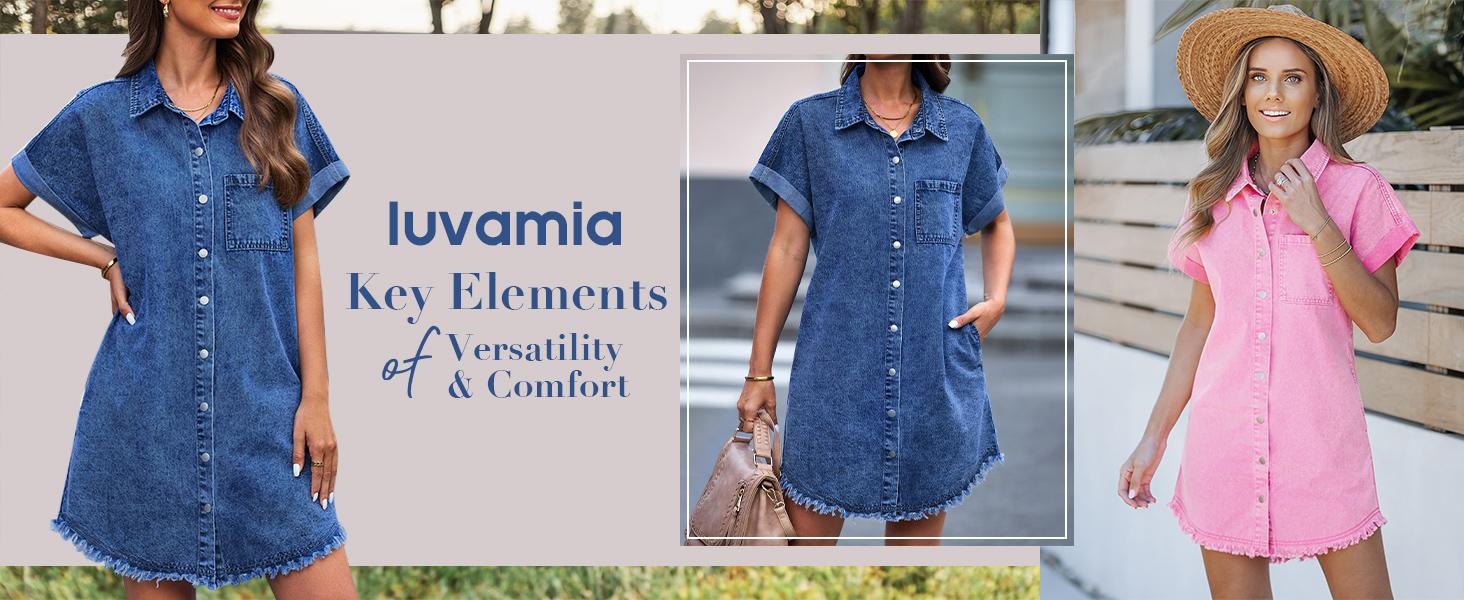 luvamia Denim Dress for Women Button Down Short Sleeves Casual Summer Jean Shirt Dresses with Pockets Frayed Hem Womenswear Shortsleeve Minimalist valentine's day outfit graduation dress birthday dresses