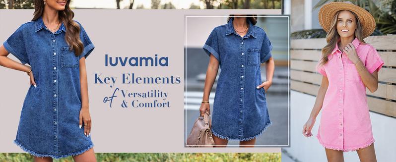 luvamia Denim Dress for Women Button Down Short Sleeves Casual Summer Jean Shirt Dresses with Pockets Frayed Hem Womenswear Shortsleeve Minimalist valentine's day outfit graduation dress birthday dresses