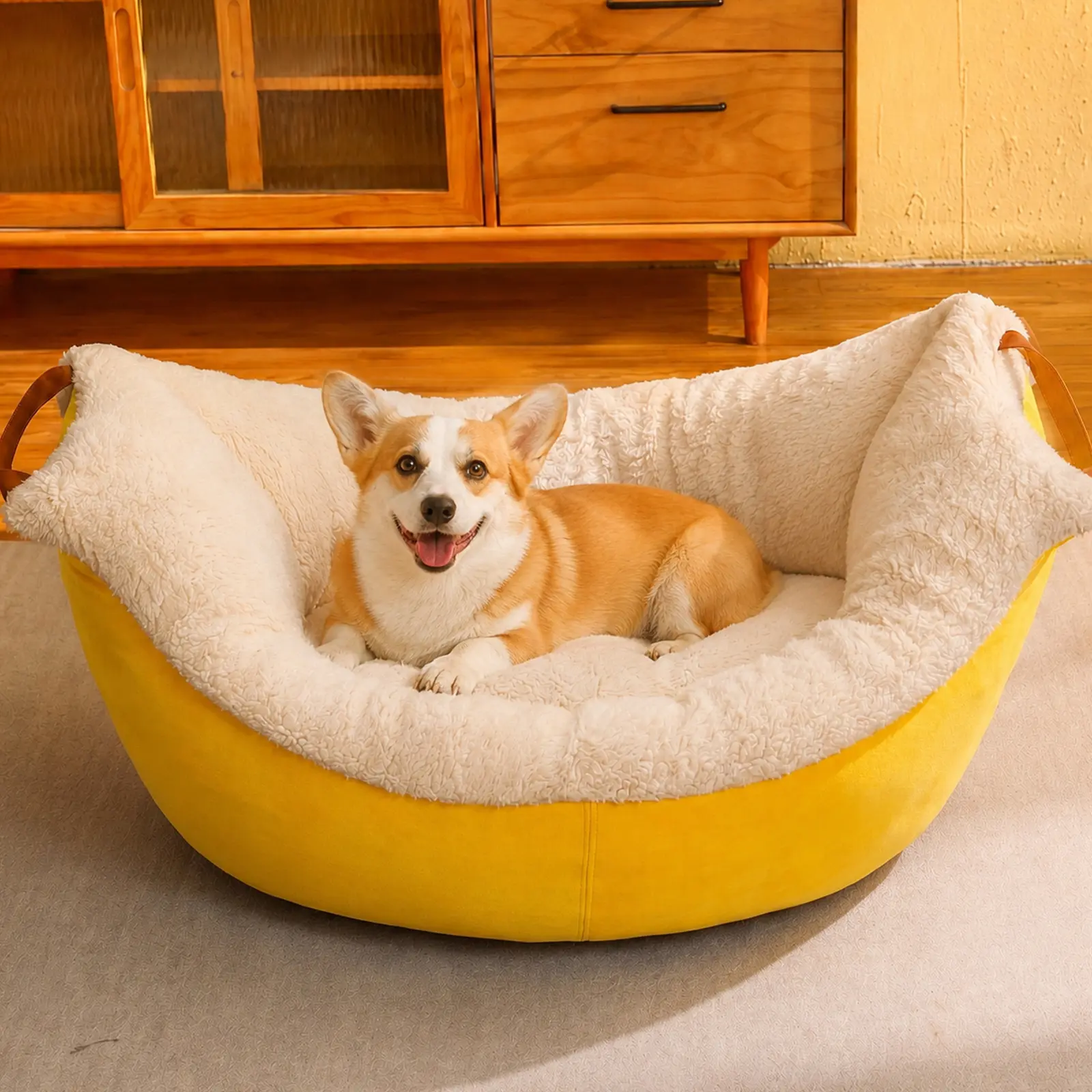 OS OMYSTYLE Dog Bed - Banana-Like Pet Travel Bed - Premium 7D Micofiber Filling - Non-Slipwaterproof Base Pet Carrier - Waterproof & Machine Washable - Comfortable Resting Space for Dog/Cat - 2 Size