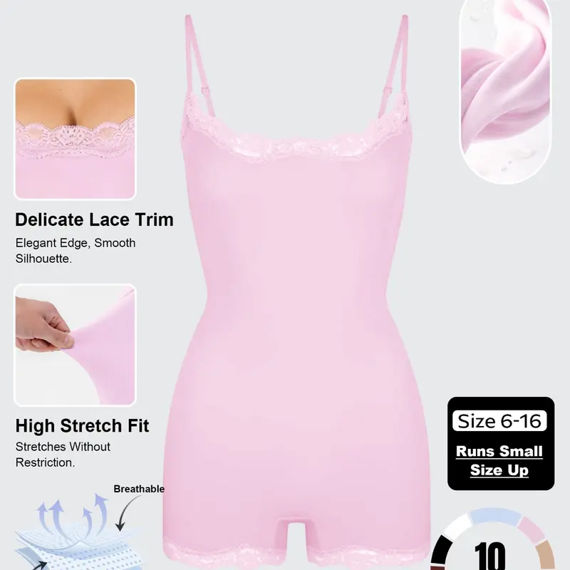 Women's Solid-Color Stretch Romper with Lace Trim & Adjustable Thin Spaghetti Straps, Lightweight Slightly Sheer Adjustable Strap Quick-Drying Flattering Elegant Shapewear Bodysuit, Featuring Seamless Sweat-Wicking Design for Outdoor Clothing