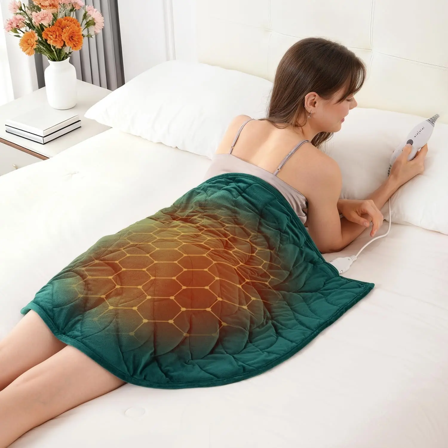 Weighted Heating Blanket 7 lbs, 26" x 35" Large Heated Pad, Green | Weighted Heating Blankets for Back Shoulder Abdomen Adults Leaf Electric Lap Blankets Soft Portable Travel Home Office