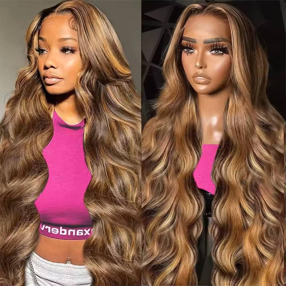 4 27 Highlight Brown Body Wave Lace Front Wig 13x4 Brown Ombre Colored Human Hair Wigs For Women Body Wave Frontal Wig Transparent Lace Frontal Hair Wigs