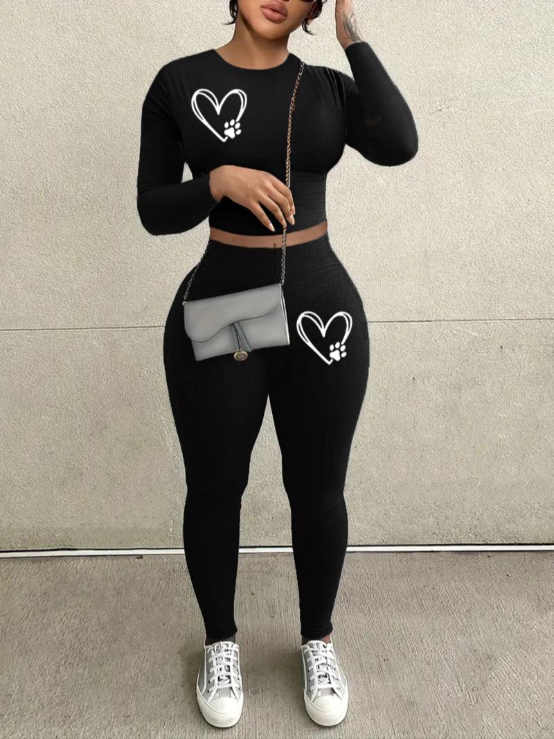 Women's Casual Long Sleeve Crop Top & Leggings Set, long johns, pantsuit, Plain Pattern, Fitted Design, Spring & Fall Fashion, Two-Piece Sportswear, Yoga Clothes Set