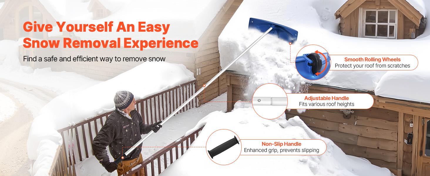 VEVOR Snow Roof Rake, 24 in PP Plastic Blade, 3.8-18.2 ft Adjustable Roof Snow Scraper with Wheels, Anti-Slip Handle Snows Removal Tool, Lightweight House Rooftop Rake for Leaves Debris Removal