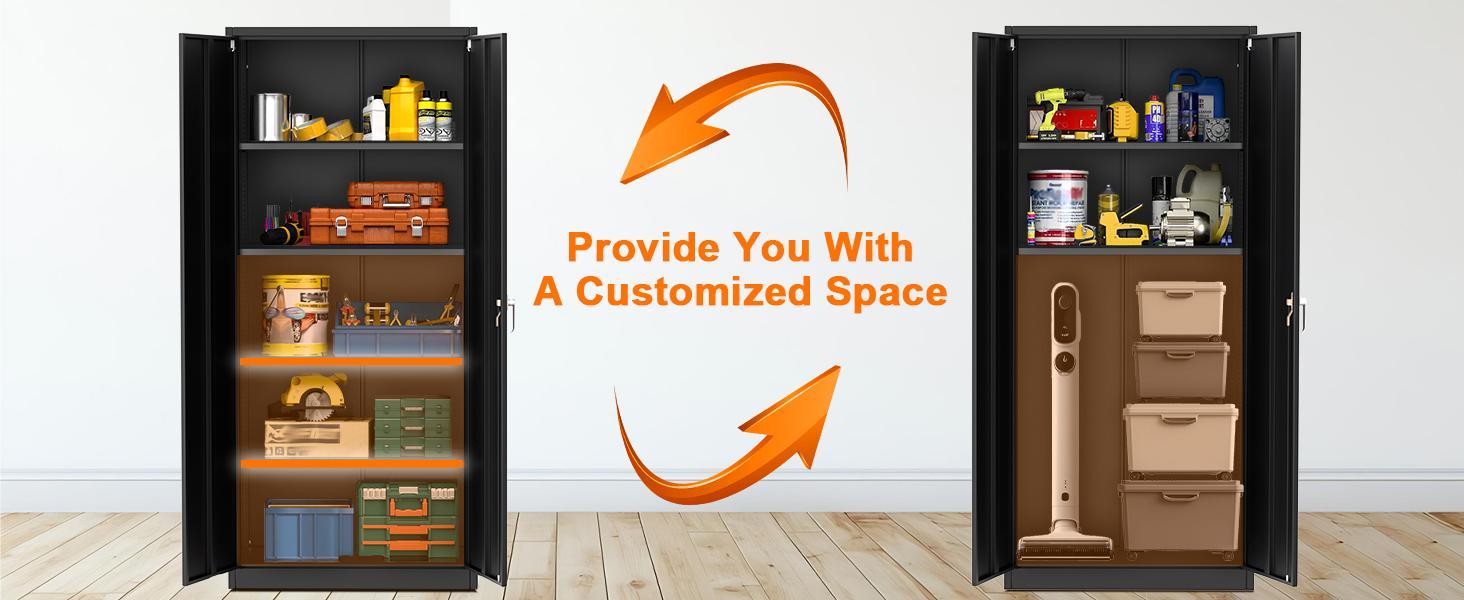 GARVEE71" H Metal Storage Cabinet with Lock, Steel Tool Cabinet with 4 Adjustable Shelves and 4 Adjustable Feet, Storage Organization for Home/Garage/Office/Shop