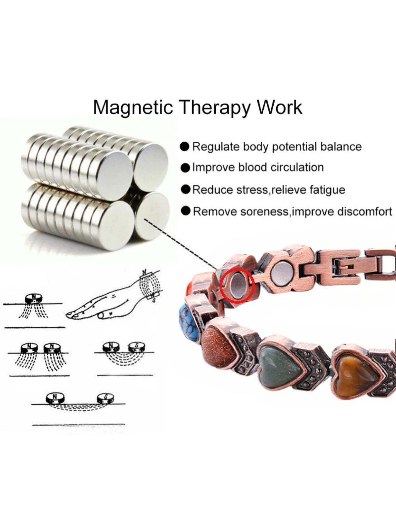 Vintage Magnetic Therapy Bracelet for Women, Couple Sleep Aid Wristband, Solid Copper, Multicolor Stones, Fashion Retro Jewelry