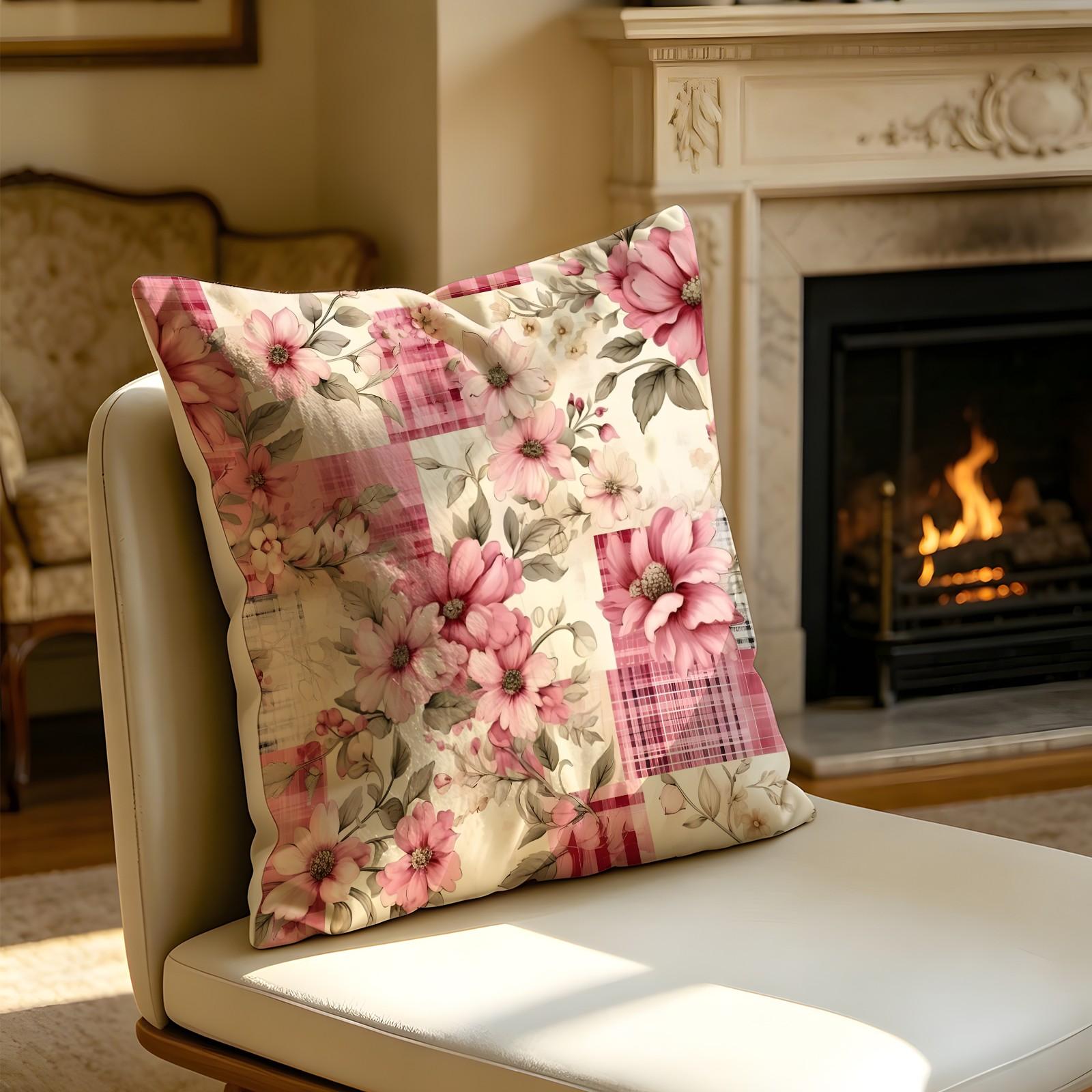 Vintage Floral Gingham Patchwork Digital Print Throw Pillow, Soft Square Decorative Accent Pillow Cushion Includes Pillow Core, Cottage Style Pillow for Sofa Couch Window Bench, Machine Washable Country Home Decor Gift for Women, Polyester Fiber Cushion