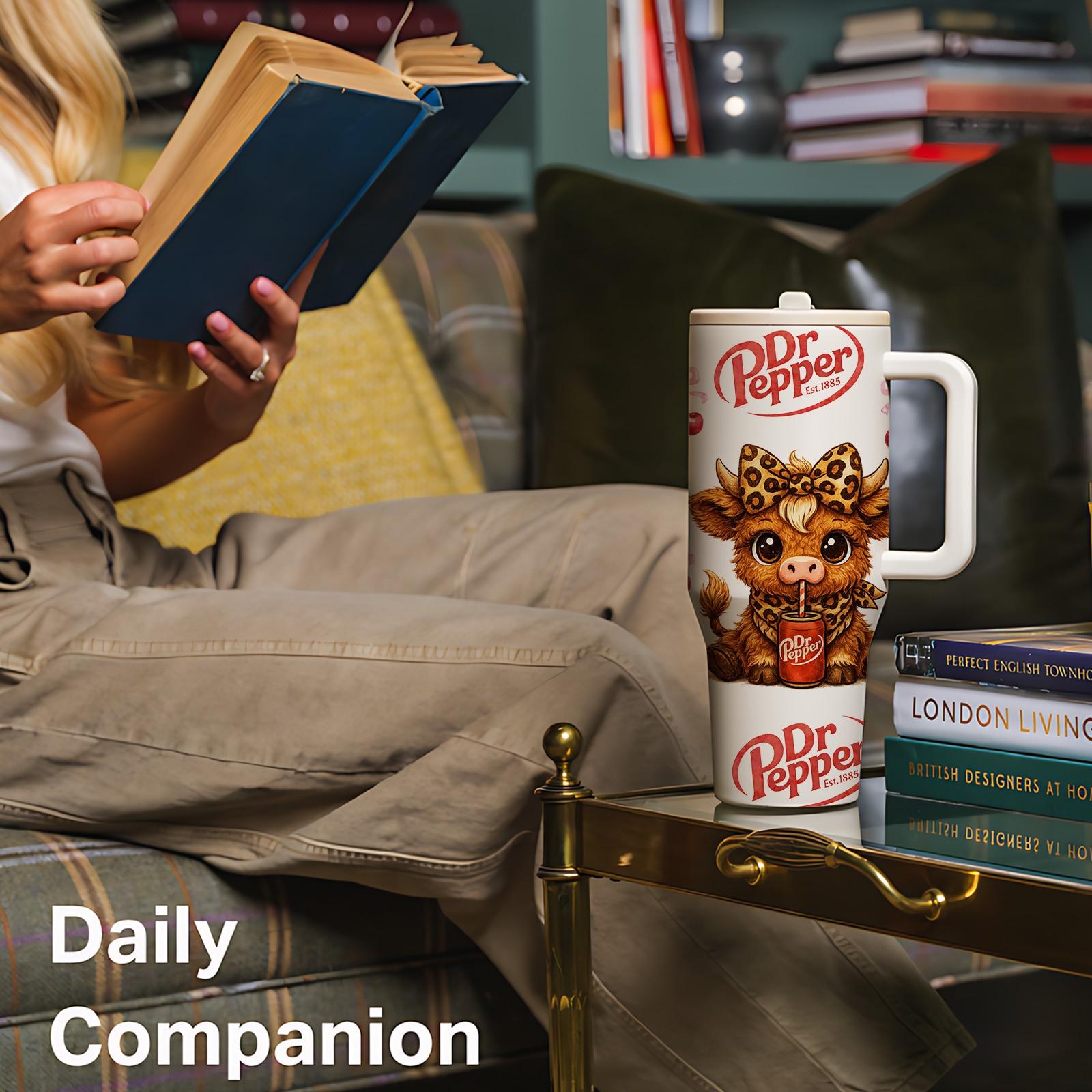 40oz insulated mug, Insulated tumbler, Dr Pepper soda print, leopard highland cow cartoon design, thermal mug, double wall vacuum stainless steel, straw lid with handle, leak proof, keeps hot 12 hours cold 24 hours, valentines birthday gift