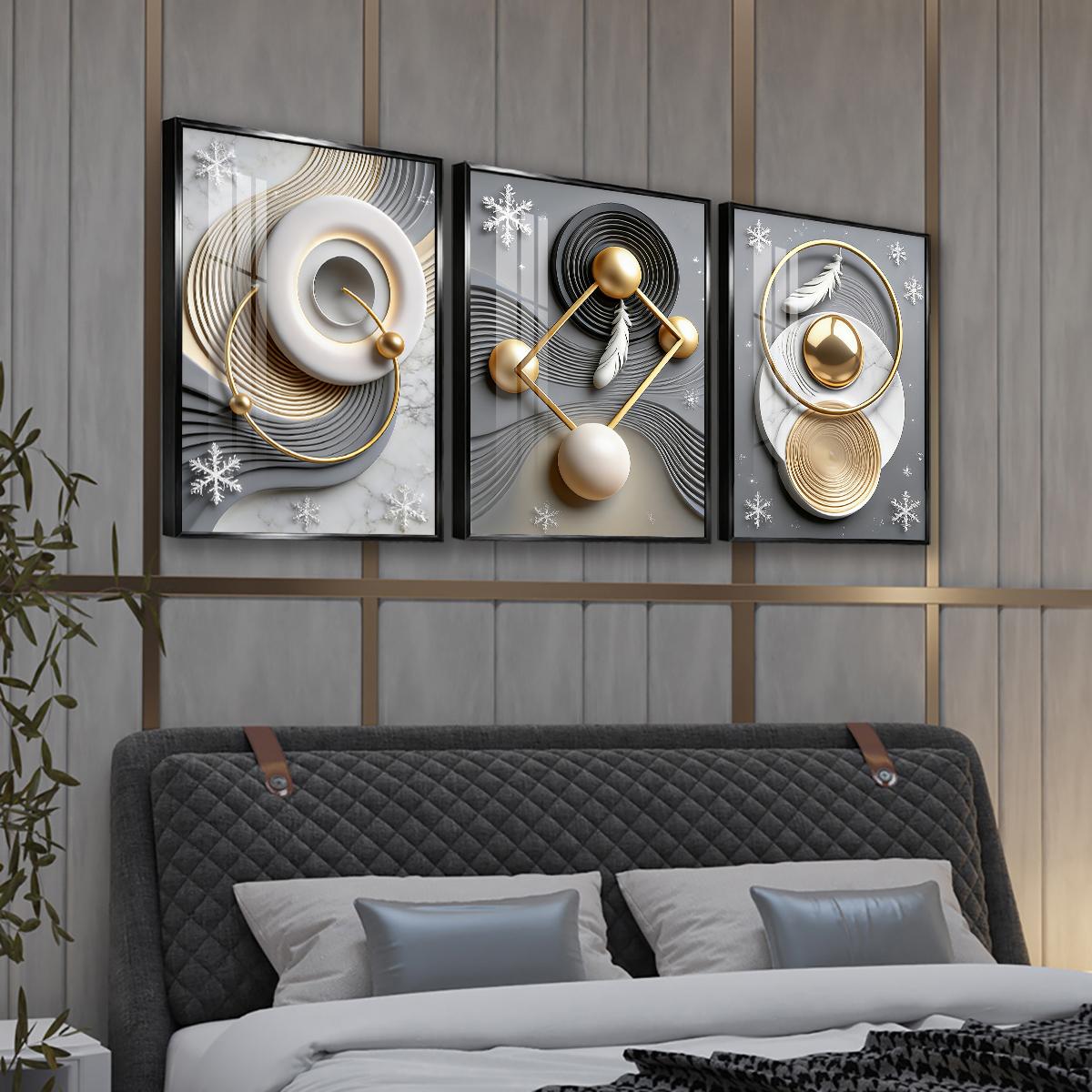 3 Counts Aluminum Alloy Framed Painting, Abstract Geometric Gold Feather Art Pictures, Home Decoration For Living Room, Bedroom, Office, Restaurant, Hallway Wall Decor, Odorless Print Artwork, Luxury Perfect Gift For Friends And Family