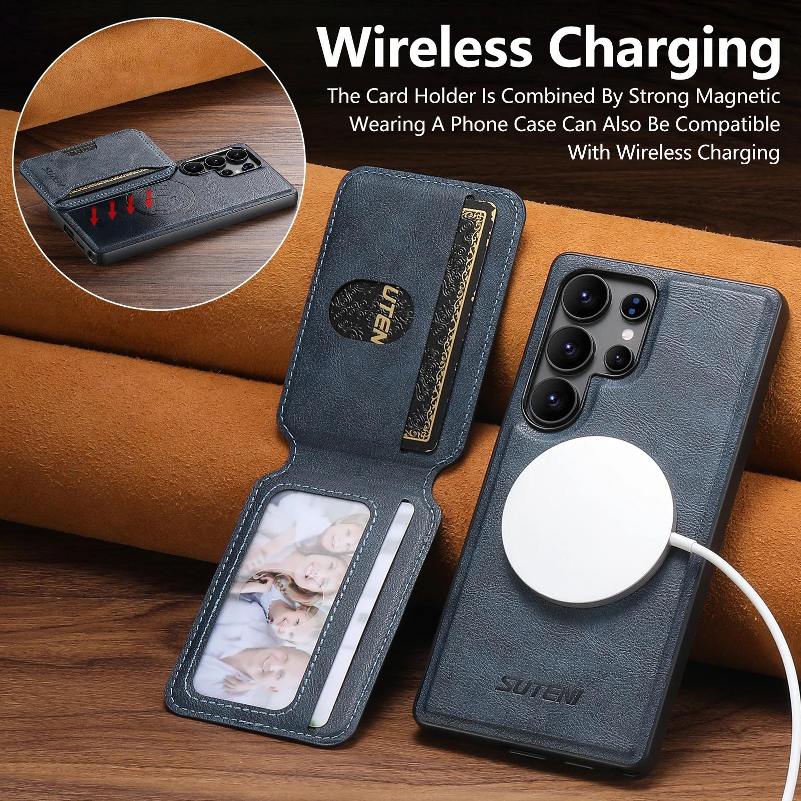 Magnet Wireless Charging Luxury Faux Leather Phone Case Card Holder Stand For Samsung Galaxy S26 Ultra S25 S24 S23 S22