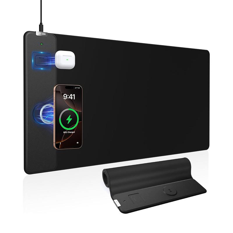 Wireless Charging Mouse Pad, 31.5"x15.8" Large Gaming Desk Mat with 15W Fast Charging, Ultra-Smooth Surface, Non-Slip Base, Waterproof Mousepad Keyboard Pad for PC, MacBook, Laptop