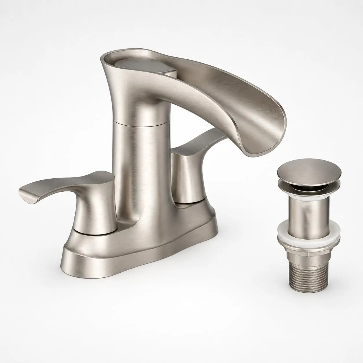Garvee Waterfall Bathroom basin Faucet, Single Handle for 1 or 3-Hole basin with Deck Plate, Pop-Up Drain Included - Single Handle Waterfall Faucet, with Base Plate, Brushed