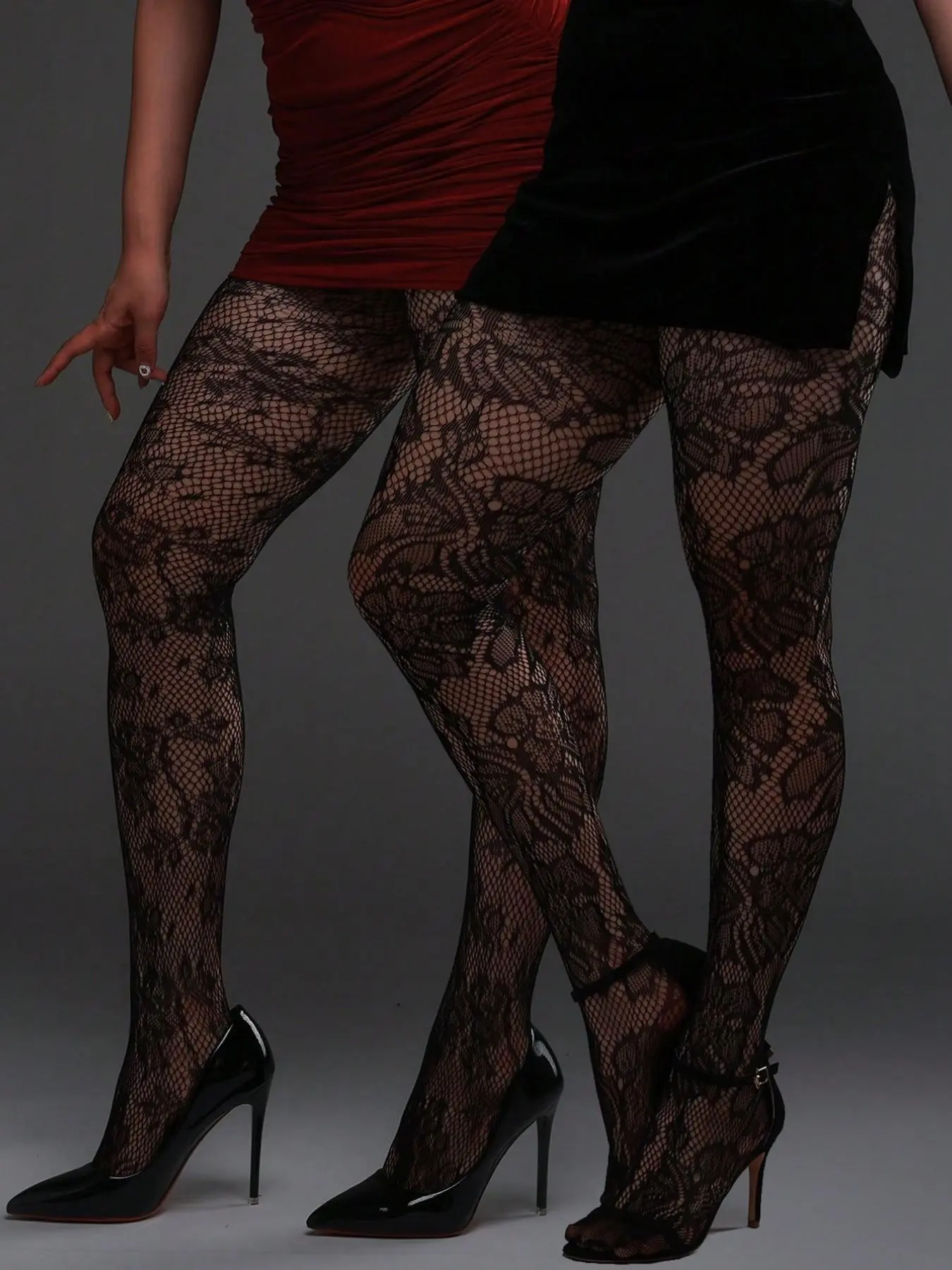 2 Pairs Plus Size Floral Jacquard Fishnet Tights, High Stretch, Sexy Fashionable, Elegant French Style, for Daily, Date, Party, Commute