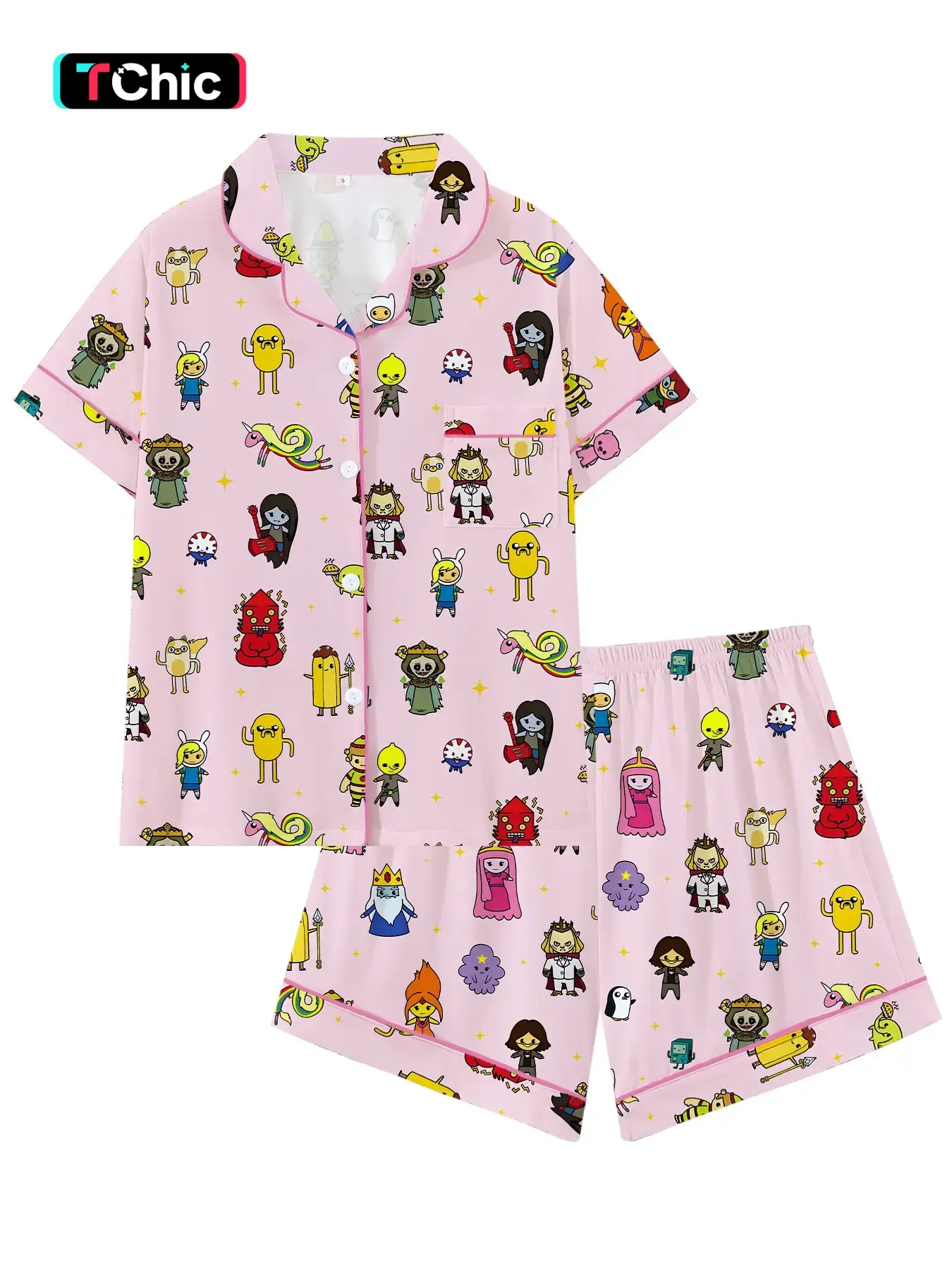 Nostalgic Magical Adventure Print Pajama Set, Women's Lightweight Summer Loungewear, Homewear, Casual Comfy Pyjama, Short Sleeve Sleepwear with Cute Whimsical Cartoon Print Set Pattern, Pjs, Pj Sets