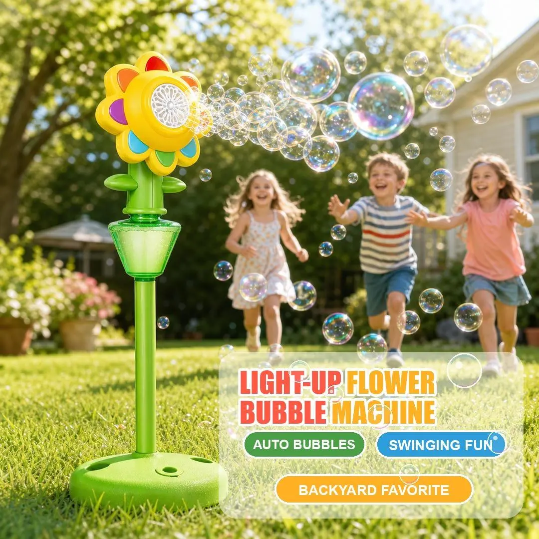 Automatic Flower Bubble Machine for Kid,Rechargeable Sun Flower Bubble Maker with Lights for Parties, Adjustment Height Bubble Machine for Toddlers,Idea for Outdoor Wedding Birthday Gift