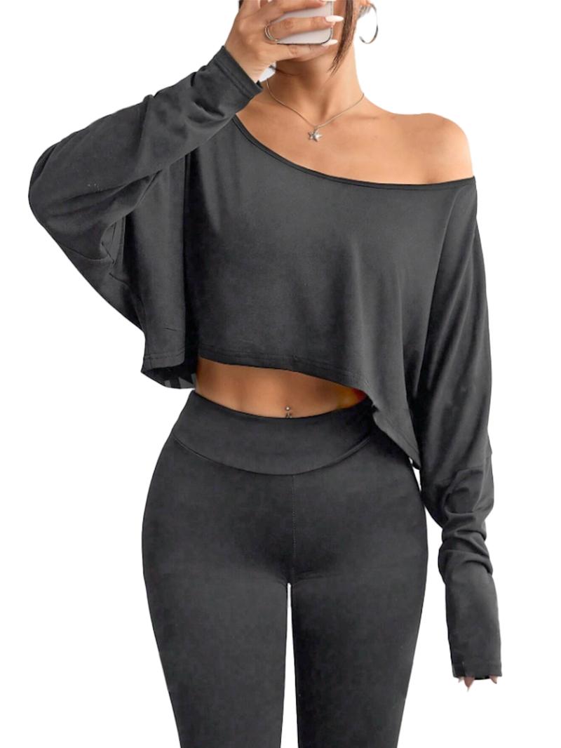 Women's Solid Off Shoulder Loose Tee, Casual Long Sleeve Crop Top for Daily Holiday Outdoor Wear, Everyday Ladies Clothes for All Seasons Women's Solid Off Shoulder Loose Tee, Casual Long Sleeve Crop Top for Daily Holiday Outdoor Wear, Everyday Ladies Clothes for All Seasons