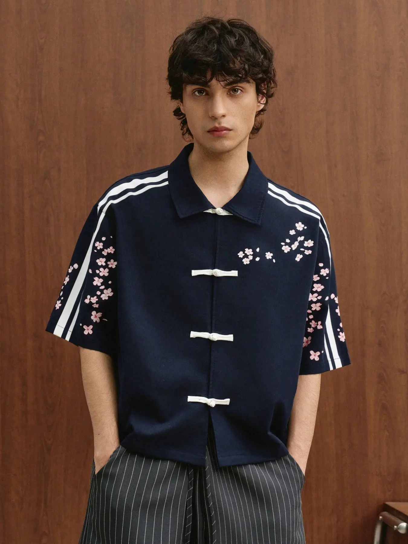Men's Vintage Button Front Loose Fit Short Sleeve Open Front Shirt, Cherry Blossom Print New Chinese Style Tang Suit Jacket