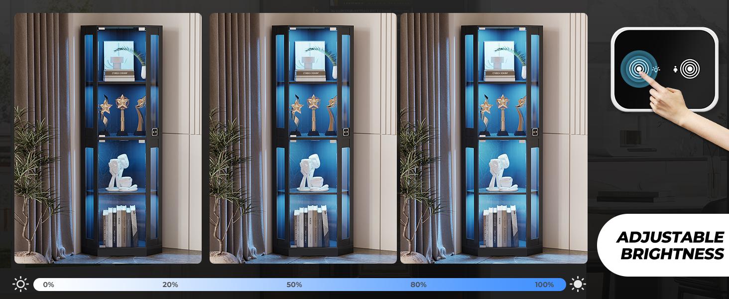 MIIFUNY 65" Corner Glass Display Cabinet with LED Lights, 4-Tier Showcase Display Case with Glass Doors & Human Body Sensor for Collectibles, Black