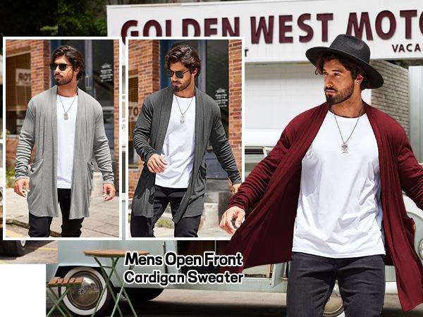 COOFANDY Men's Ruffle Shawl Collar Cardigan Open Front Lightweight Long Length Drape Cape Overcoat with Pockets