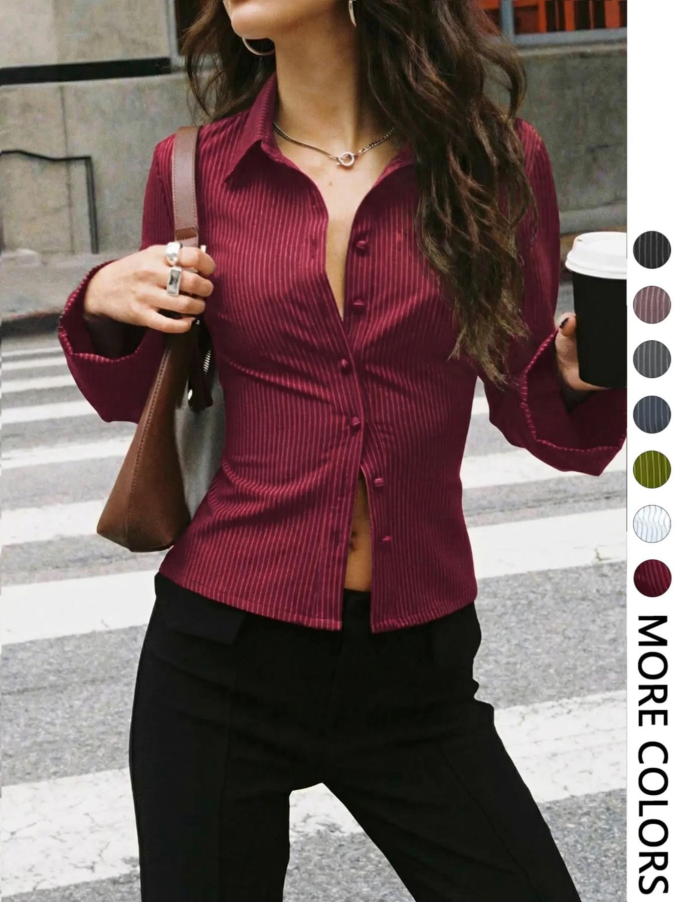 Women's All-Over Striped Print Button Front Blouse, Casual Long Sleeve Top for Spring & Fall, Ladies Clothes for Daily Wear, Casual Fashion Shirt