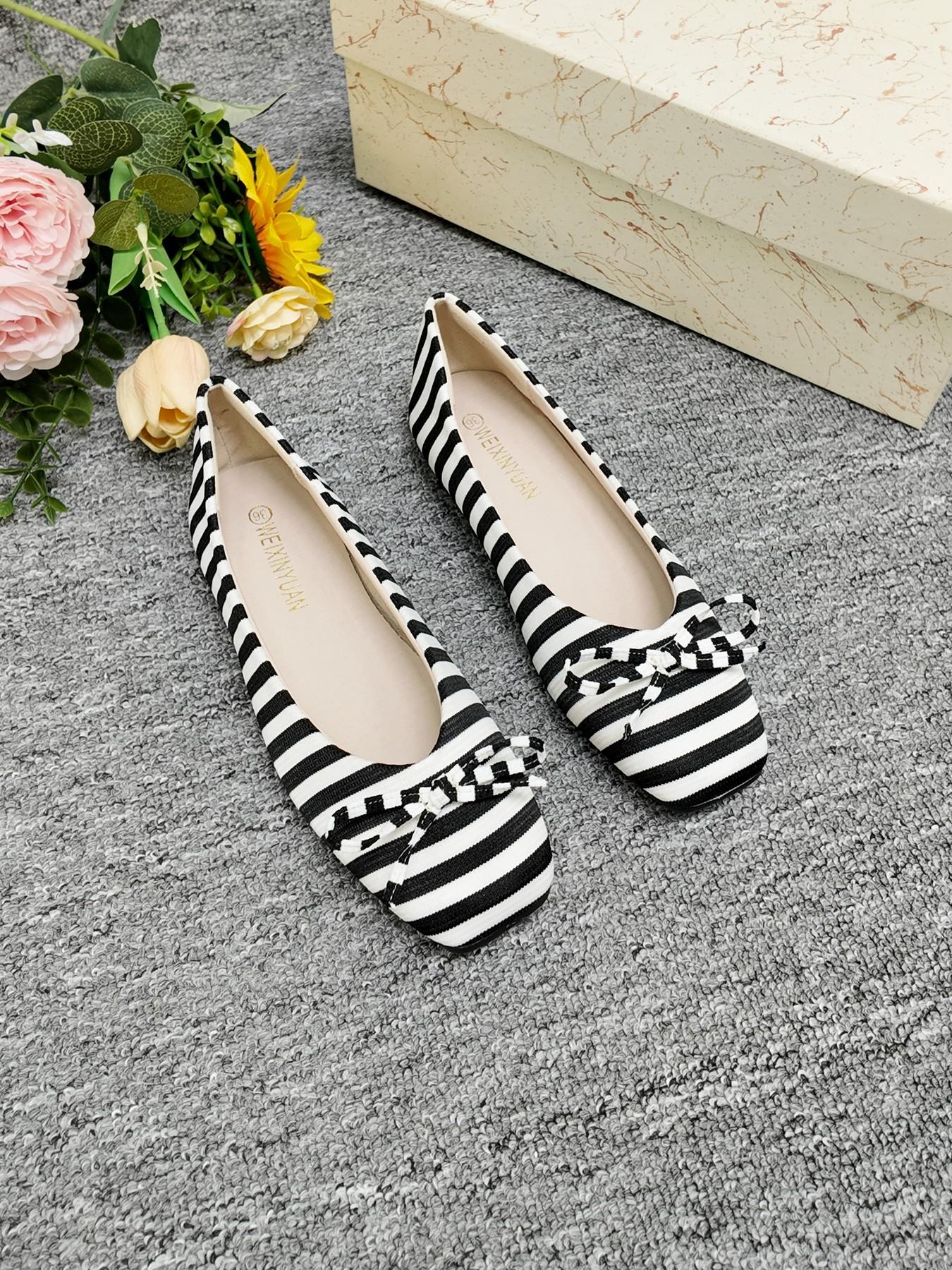 2026 New Striped Square Toe Flat Shoes, French Soft Sole Low Top Bow Single Shoe, Commuter Versatile Slimming Women's Shoes
