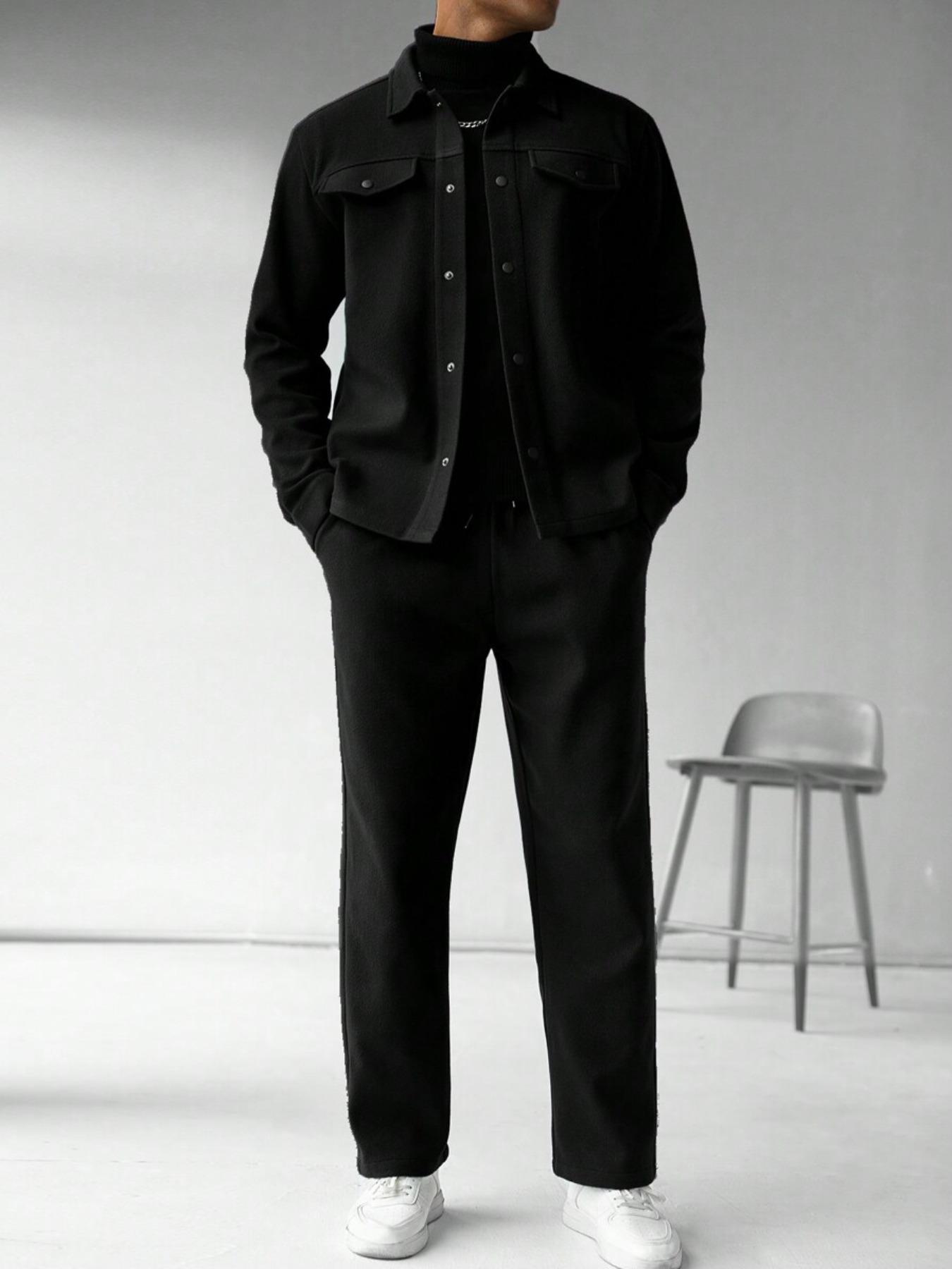 Men's Solid Color Pocket Jacket and Belt Waist Pants Sport Suit Regular Version Mature Business Style, Long Sleeve Jacket Collar Coat and Pocket Long Pants, Men's and Winter Sportswear, Sport Leisure Suit Casual Sportswear, Casual Suit Set