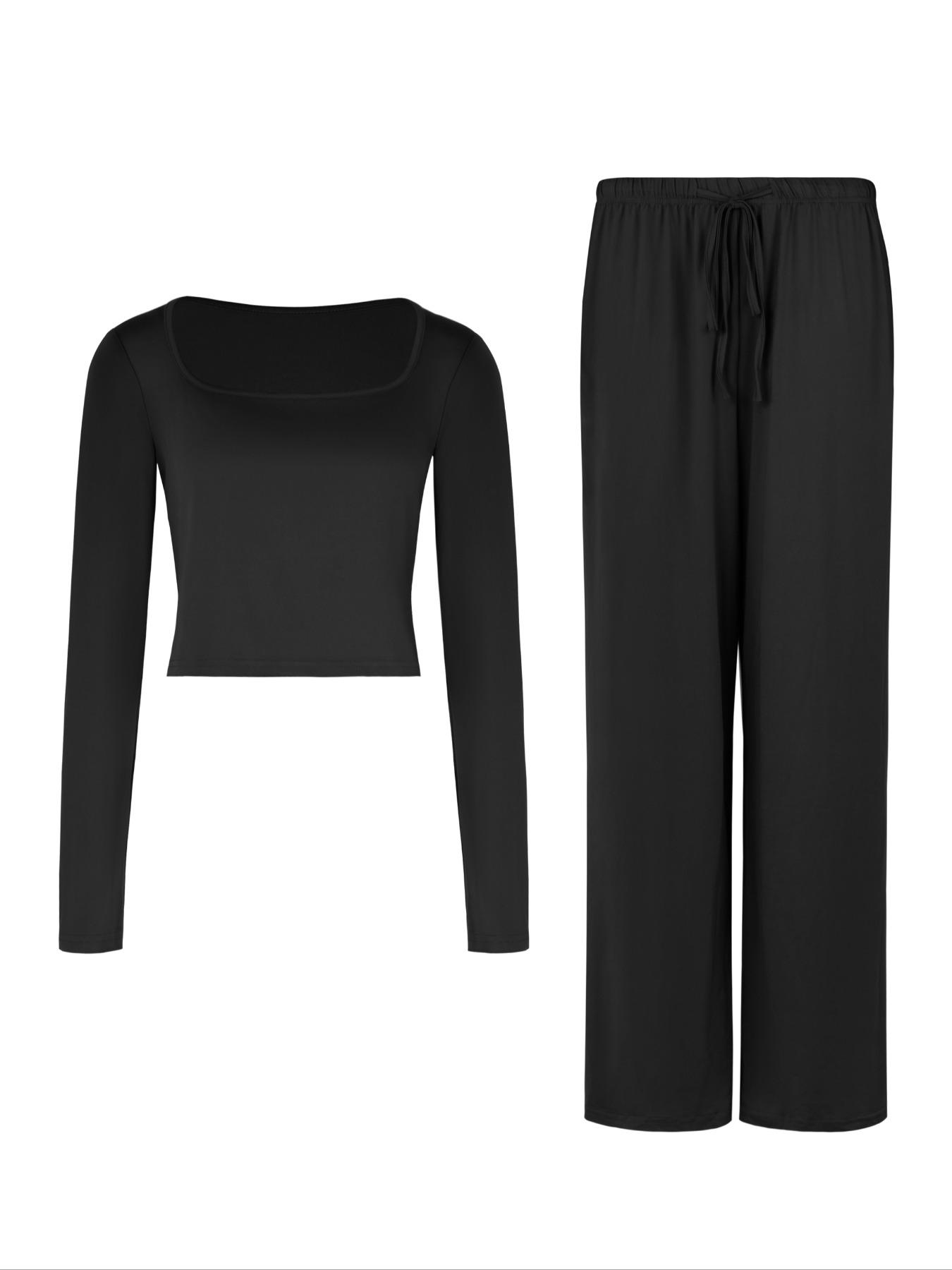 2026 Women's 2 Piece Matching Lounge Set, Square Neck Long Sleeve Crop Top, High Waisted Wide Leg Drawstring Pants, Casual Sweatsuit