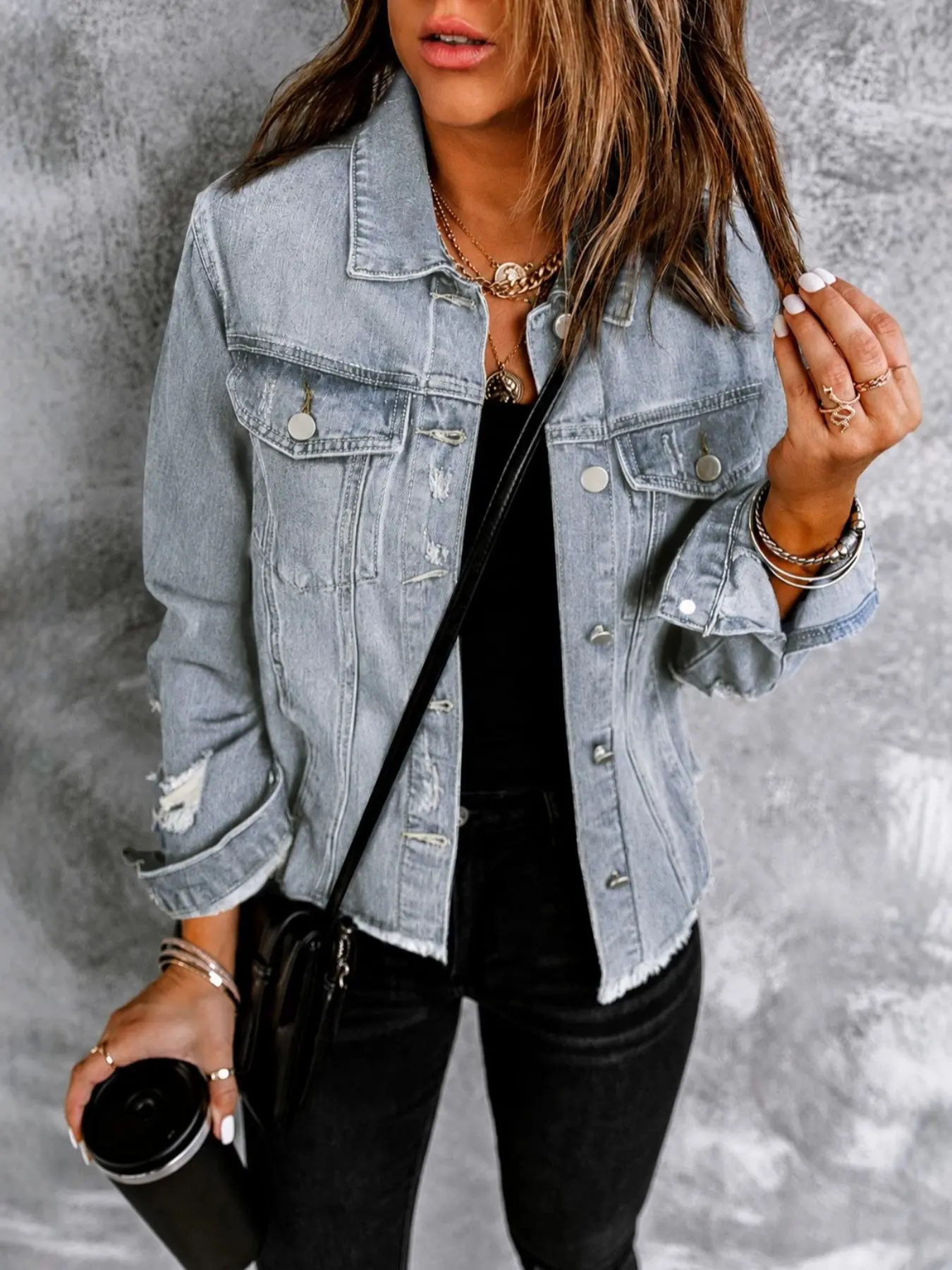 Women's Light Wash Distressed Denim Jacket, Frayed Hem, Button