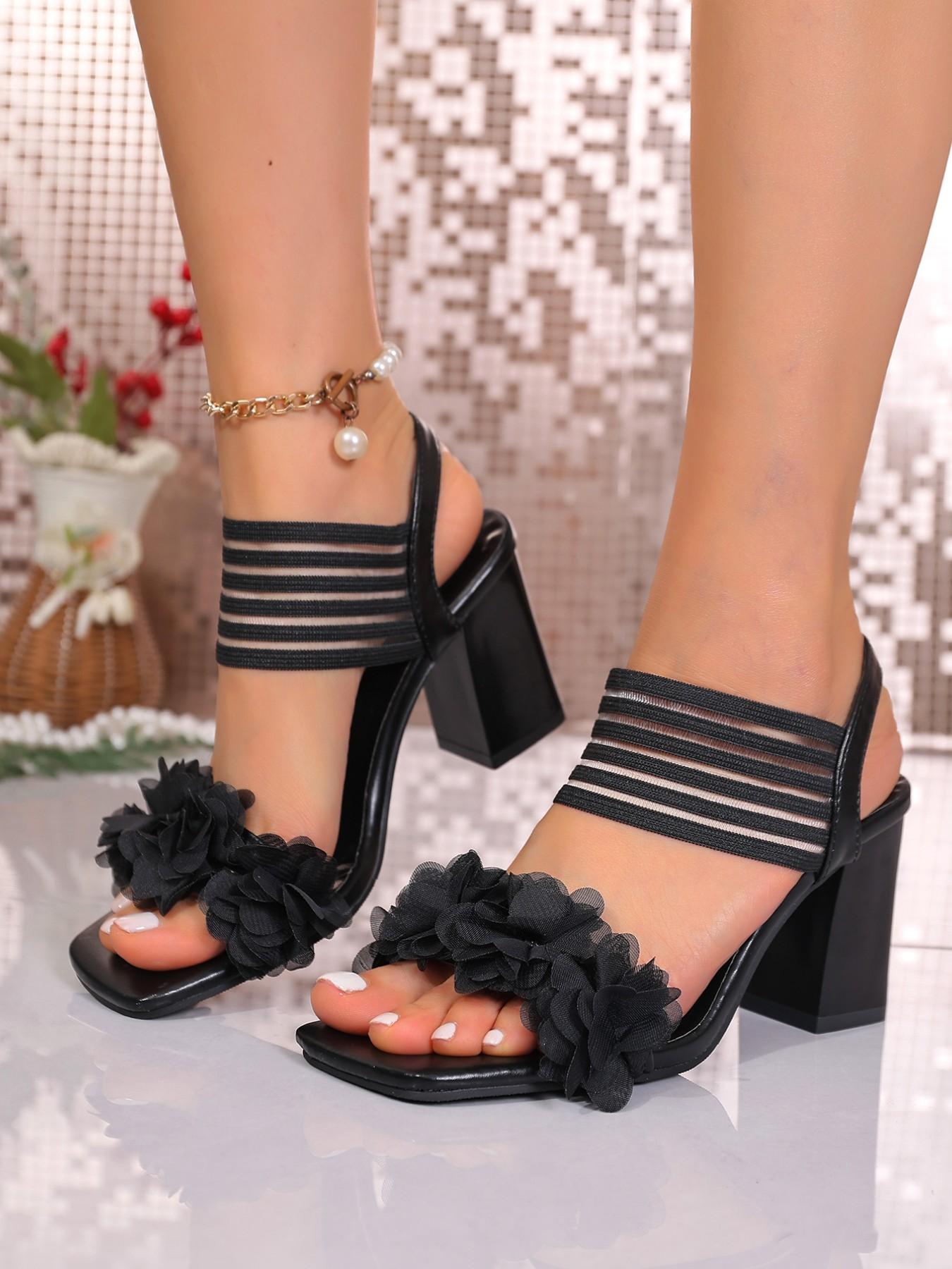 Women's High Heel Shoes with Floral Decoration, Elastic Fabric, Square Toe, Thick Heel, Ideal for Outdoor, Wedding, Daily Wear, 2026 New Arrival