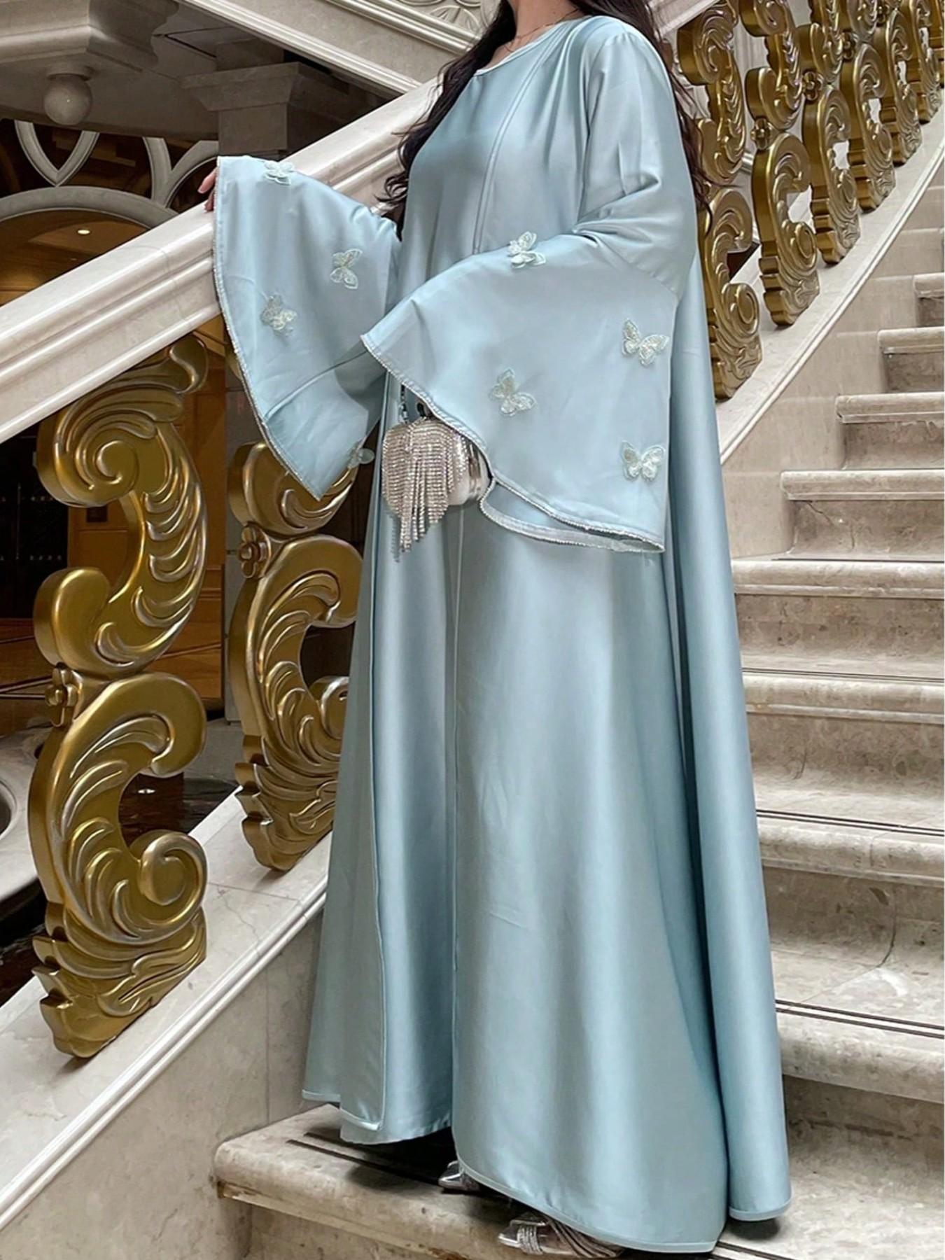 Hafizah Satin Butterfly Embroidery Blazer + Beaded Waist Long Dress Set, Shimmering Formal Wear for Women, Elegant Formal Style, All-Season Loose Fit