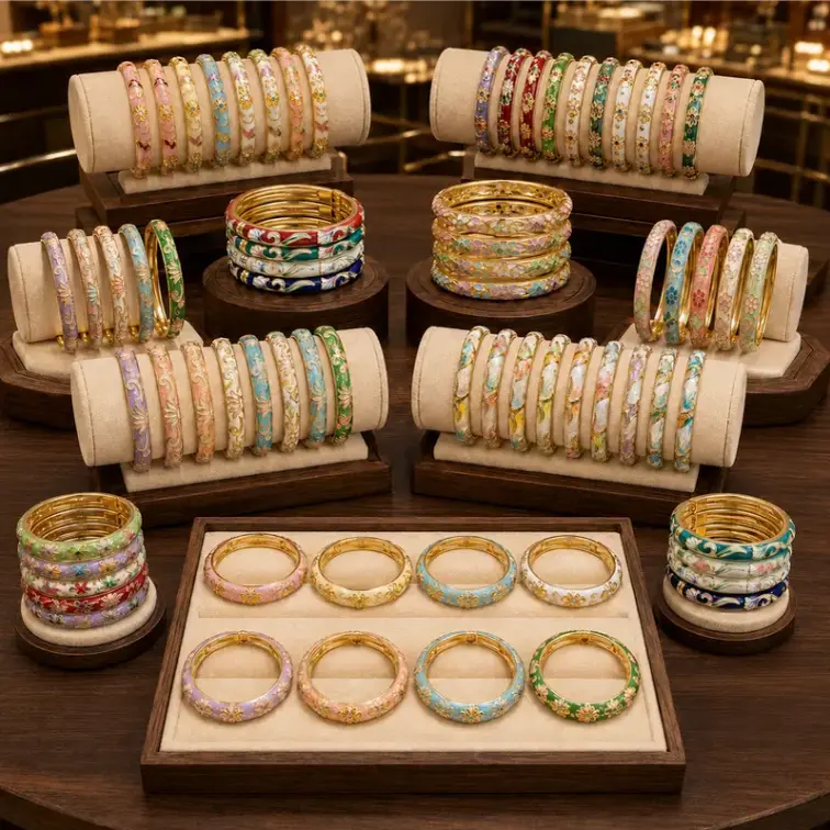 Fashionable Enamel Bracelet, 2Pcs/3Pcs/4Pcs/5Pcs/6Pcs Vintage Chinese-style Bangle Exquisite Colorful Flower Stackable Bracelets Vacation Travel Beach Bracelet Jewelry Party Wear, Holiday Gift
