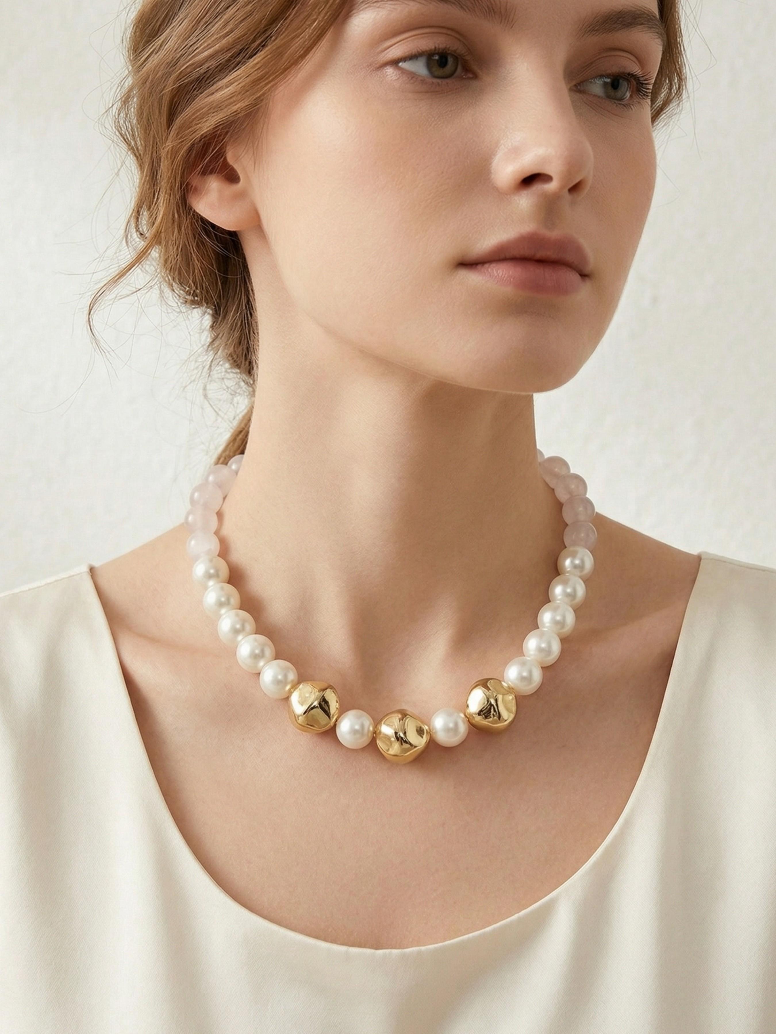 French Vintage Imitation Pearl Necklace, Hammered Gold Bead Accent, Elegant Women's Jewelry, Gift Box Included, All Seasons Wear