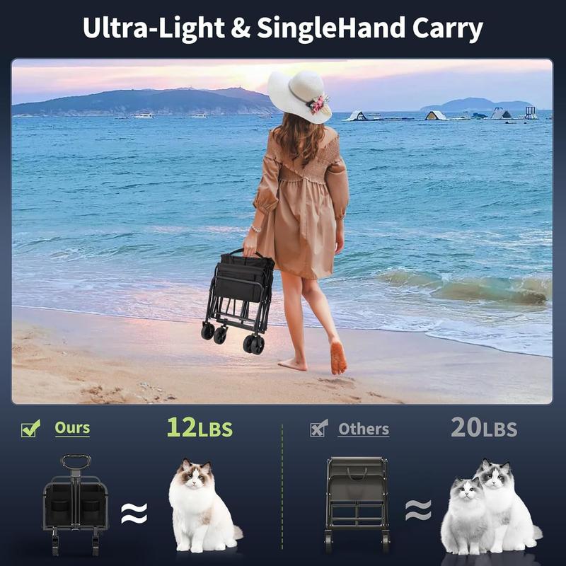 Foldable GarveeLife Multi-Purpose Trolley with All-Terrain Wheels, Drink Holders and Adjustable Grip, 172 kg, Portable Food Trolley for Shopping, Camping, Garden, Car Travel Accessories Black