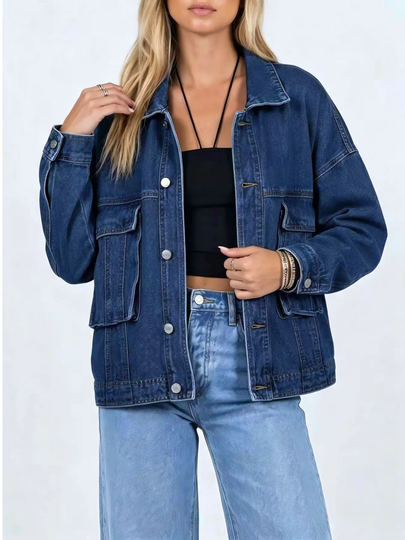 Vintage Loose-Fit Denim Jacket with Large Pockets, Fall & Winter Essential, Solid Color, Unlined, Plain Surface, Top Without Zipper