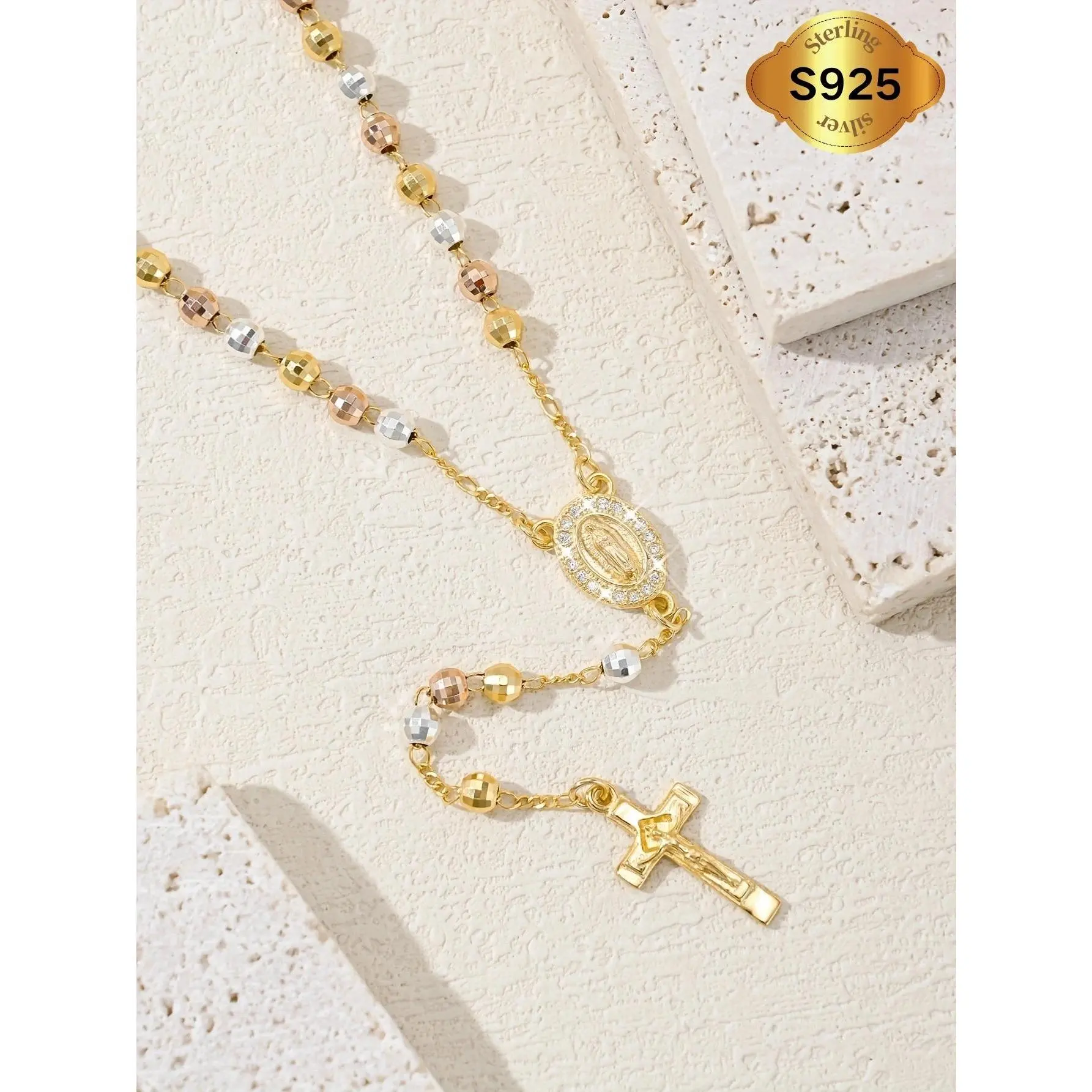 925 Sterling Silver Virgin Mary Rosary Cross Medal Pendant Necklace Rosary Y Shape Necklaces for Men and Women, Religious Amulet