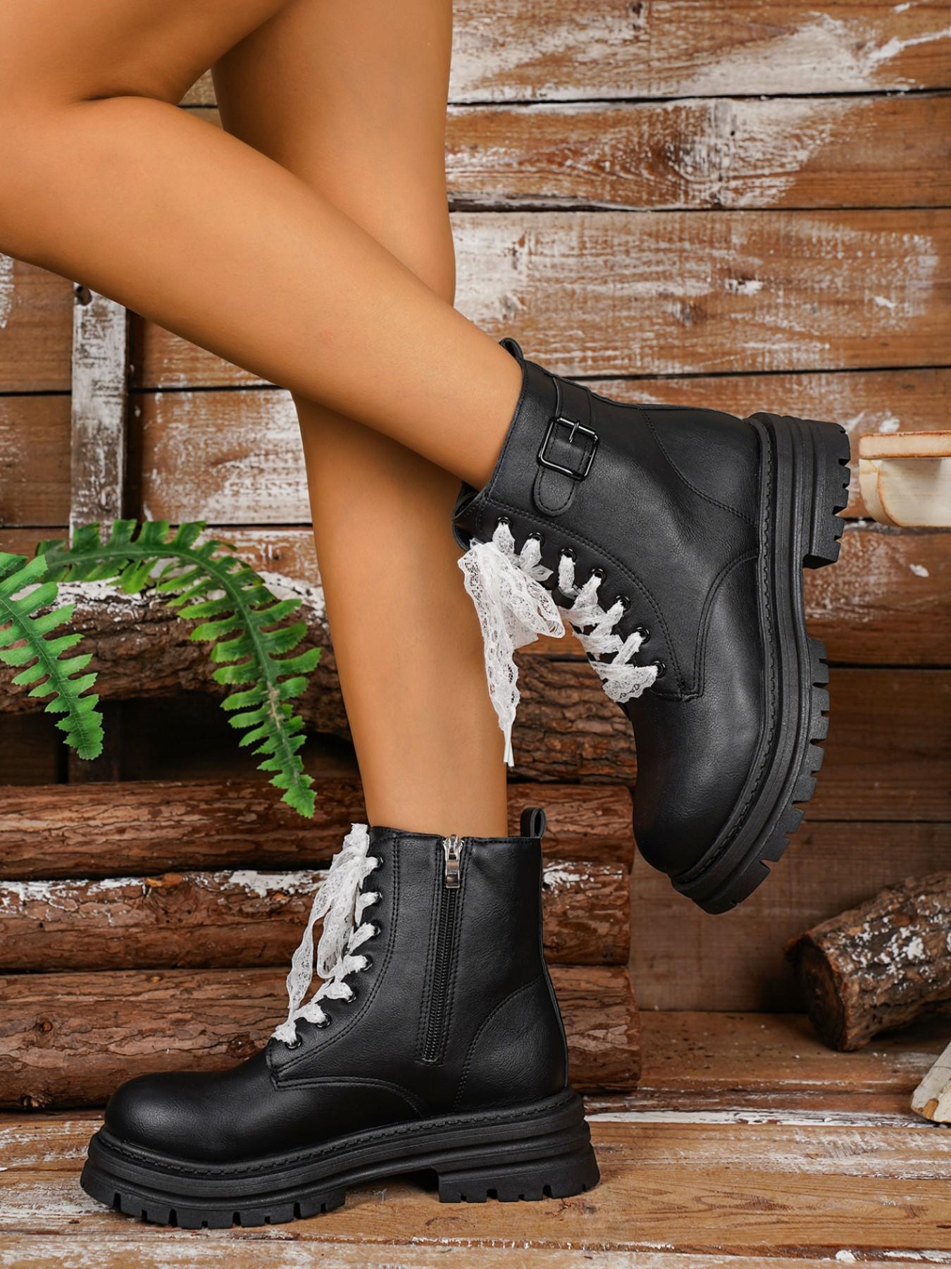 British Style Lace-Up Boots for Women, Vintage Buckle Motorcycle Boots, Slimming and Height-Increasing Short Boots, Versatile Fashion Footwear