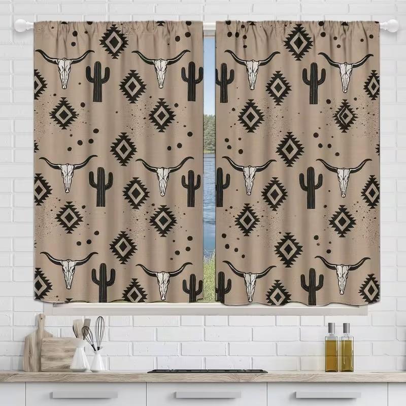 2 pieces of high-definition digital southwestern style ox skull, cactus, and geometric pattern printed curtains. Made of polyester, semi-transparent material, machine washable, suitable for bedrooms, living rooms, and home decoration curtains.