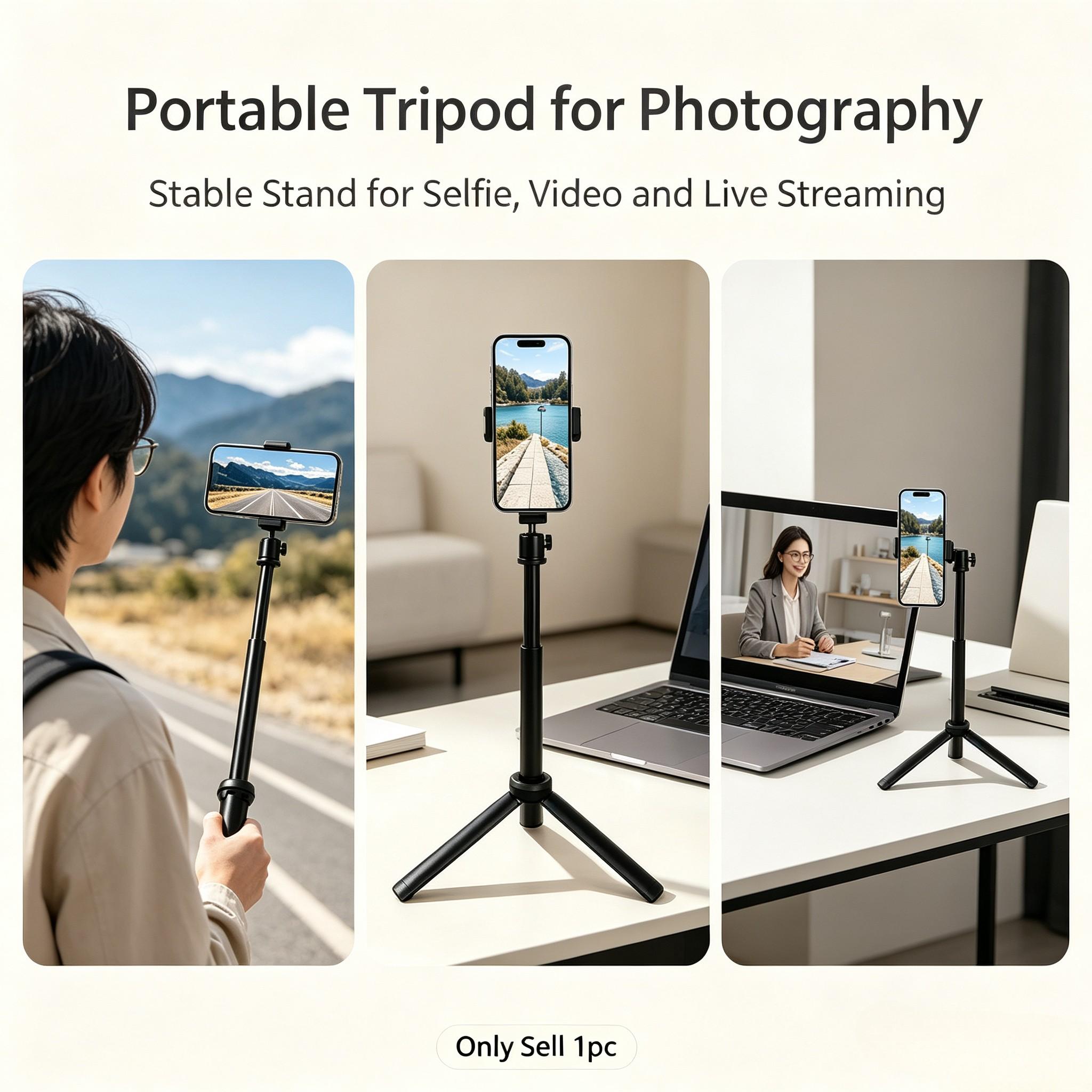 Two-In-One Extendable Selfie Stick Tripod, Portable Compact Phone Stand, Adjustable Height, Stable Base, Outdoor Travel, Vlogging, Live Streaming