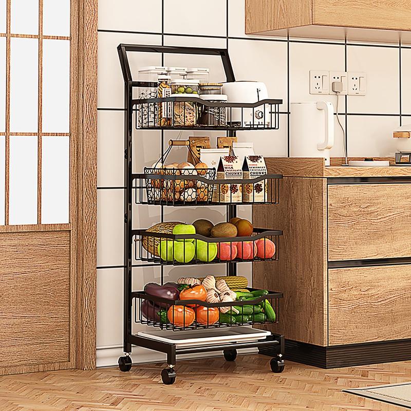 4-Tier Storage Cart with Wheels Rustproof Snack Cart Adjustable Vegetable Fruit Rack Rolling Pantry Utility Kitchen Cart with Solid Wood Handle Detachable Fruit Baskets 360°Movable Organiser