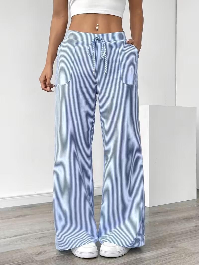 New Style Wide Leg Pants with Side Pockets, Casual Striped Print Loose Drawstring Waist, Women's Fashion Joggers