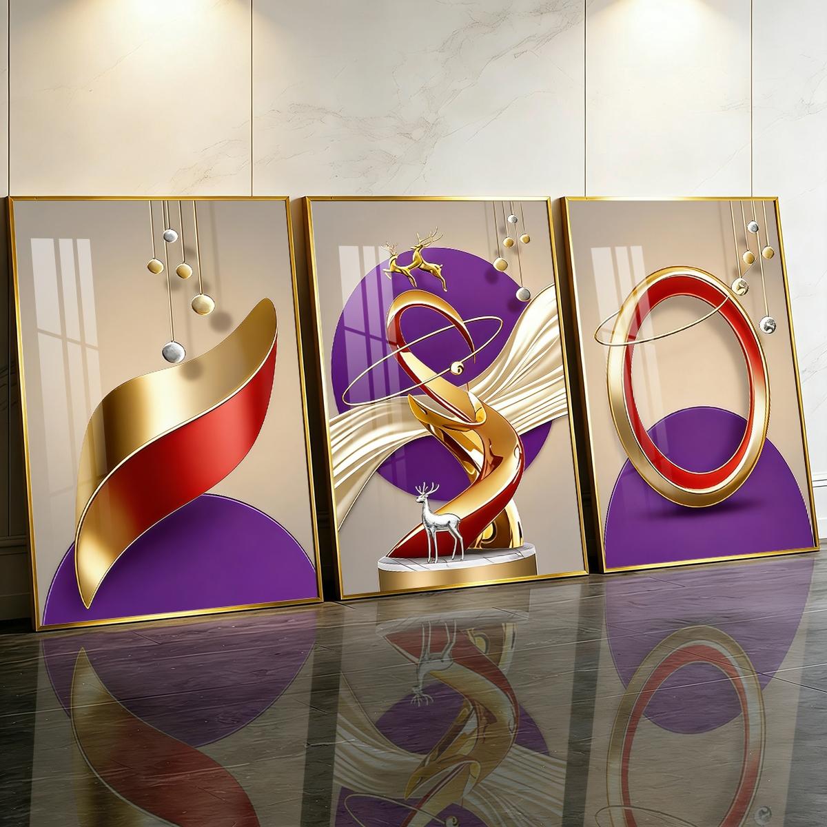 3 Counts Aluminum Alloy Framed Painting, Abstract Golden And Red Geometric Shapes With Deer Pictures, Home Decoration For Living Room, Bedroom, Office, Restaurant, Hallway Wall Decor, Odorless Print Artwork, Luxury Perfect Gift For Friends And Family