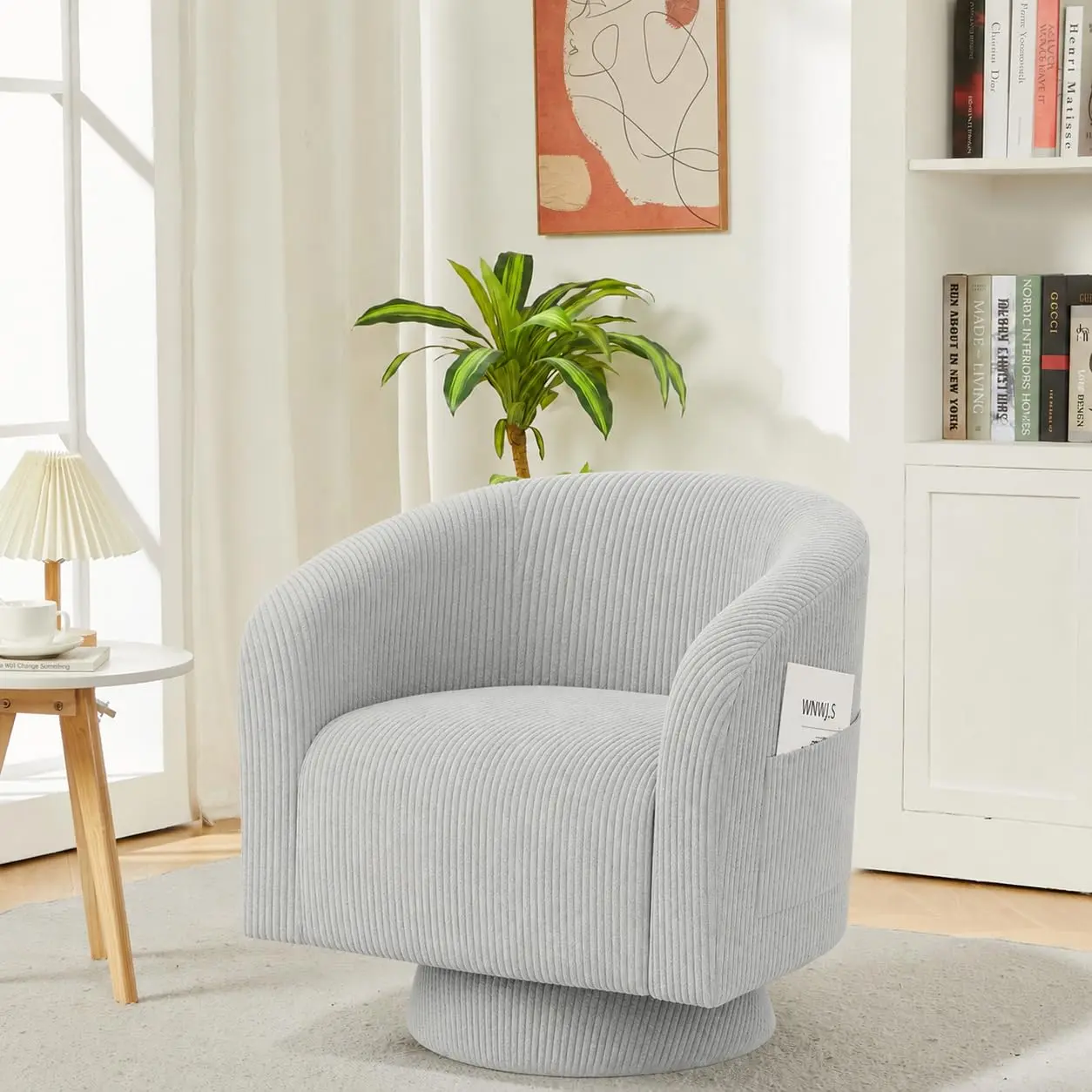 Modern 360° Swivel Barrel Accent Chair with Armrest & Curved Back, Green Corduroy Upholstered Armchair for Living Room & Small Spaces