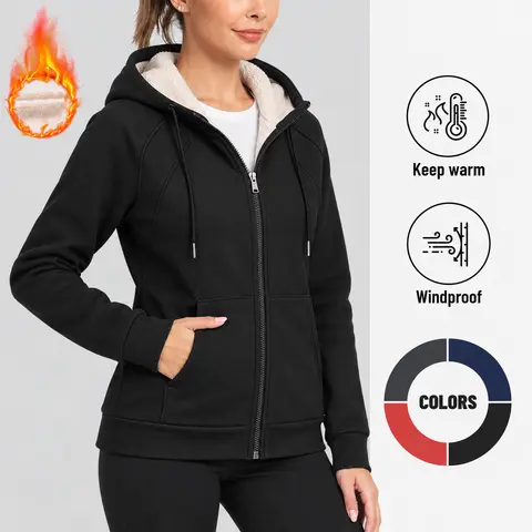 MoFiz Women's Fleece-Lined Zip-Up Hoodie Jacket, Warm Sherpa-Lined Hooded Sweatshirt with Pockets for Outdoor & Casual Wear